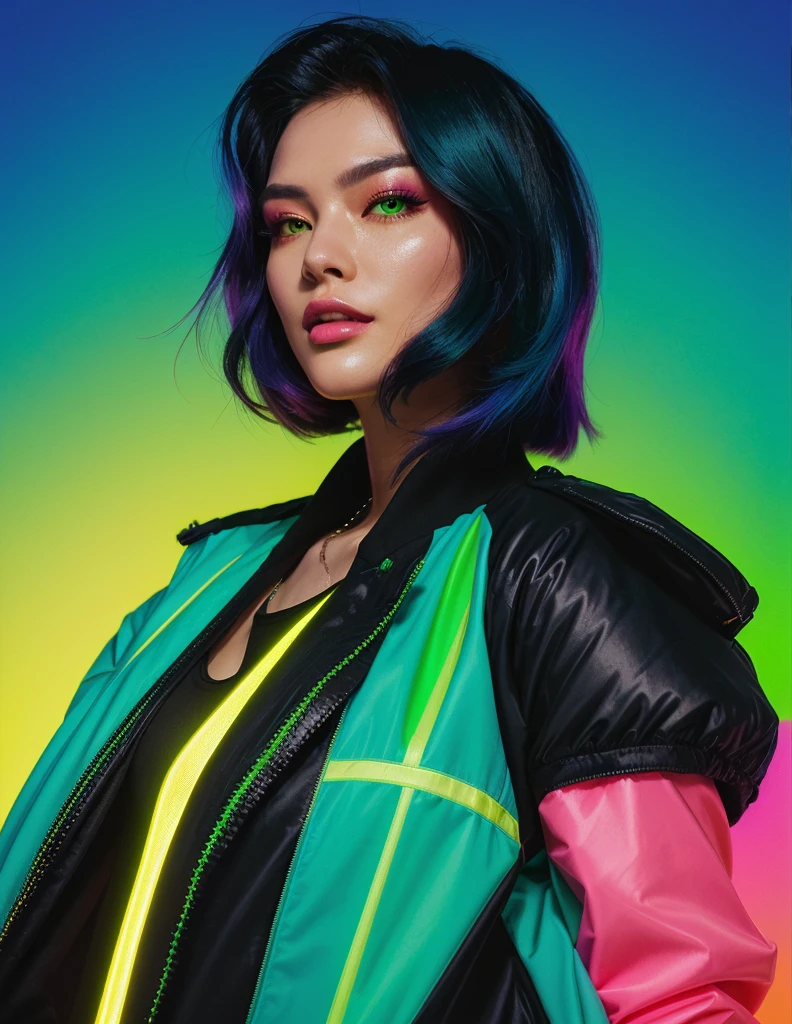 a close up of a woman with a bright green jacket, inspired by Russell Dongjun Lu, jen bartel, vibrant fan art, neon version of style jim burns, neon noir, by Galen Dara, kilian eng vibrant colours, with a blue background, kilian eng vibrant colors, by Pedro Pedraja, cmyk portrait, by Shinoda Toko