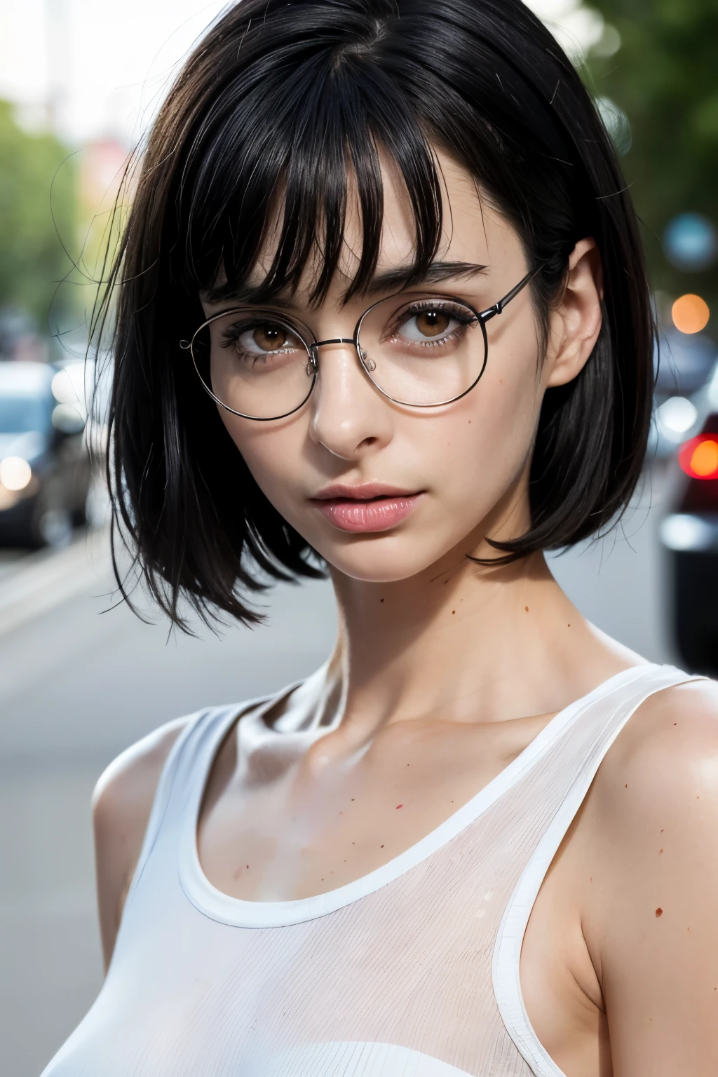 (photo of the face, close-up on the face)(16 year old woman), (black hair, short hair, bangs, hair down to the shoulders) ((round glasses on the face))(white skin) western face, dark circles, sad face and tired and droopy, pimples on face, thin nose, ((best quality)), ((ultra resolution) ), ((Photorealistic: 1.4)), (complex details), (clothes: black top), thin waist.