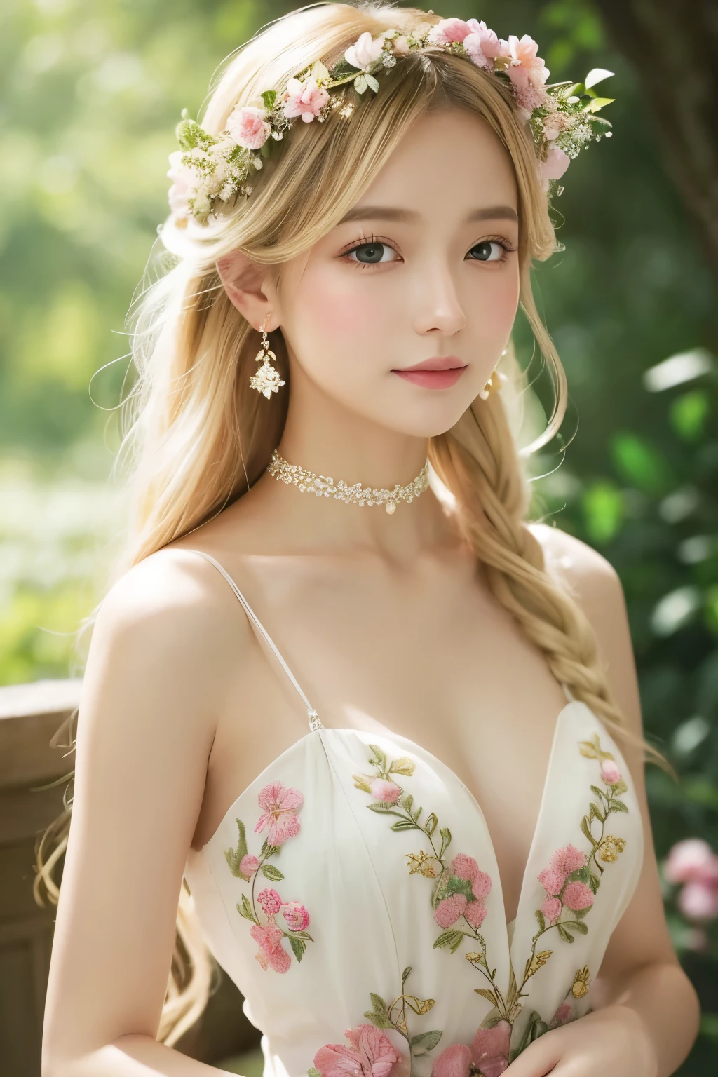 Flowers in full bloom々A young woman surrounded by、She is wearing a gorgeous white dress。The dress has a deep V-neck、The chest is decorated with intricate embroidery and beads.。Her long blonde hair is worn down naturally.、Her head is adorned with a delicate floral hair accessory.。The earrings are dangling and sparkling.、A gorgeous choker shines beautifully around the neck.。

Her expression is gentle、Has a gentle smile。In the background, large pink flowers bloom、The green leaves enhance its beauty.。Natural light、The overall effect is a soft and dreamy atmosphere.。The female figure、Like a fairy in a painting、The overall image is romantic and fantastical.。