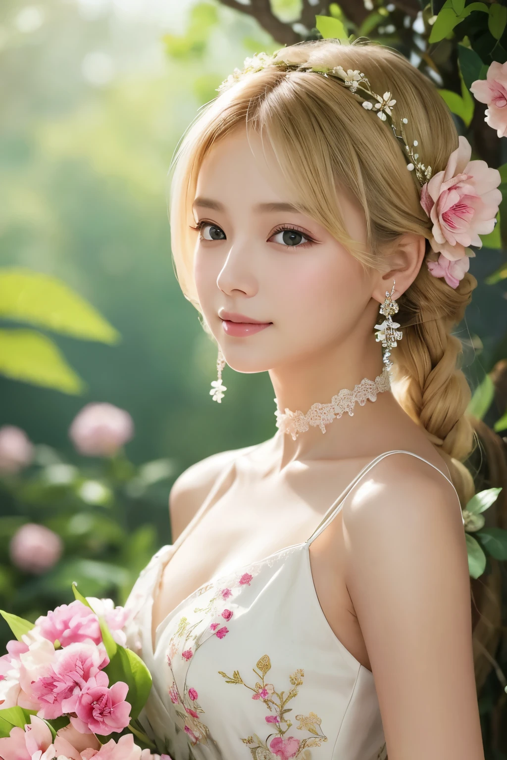 Flowers in full bloom々A young woman surrounded by、She is wearing a gorgeous white dress。The dress has a deep V-neck、The chest is decorated with intricate embroidery and beads.。Her long blonde hair is worn down naturally.、Her head is adorned with a delicate floral hair accessory.。The earrings are dangling and sparkling.、A gorgeous choker shines beautifully around the neck.。

Her expression is gentle、Has a gentle smile。In the background, large pink flowers bloom、The green leaves enhance its beauty.。Natural light、The overall effect is a soft and dreamy atmosphere.。The female figure、Like a fairy in a painting、The overall image is romantic and fantastical.。