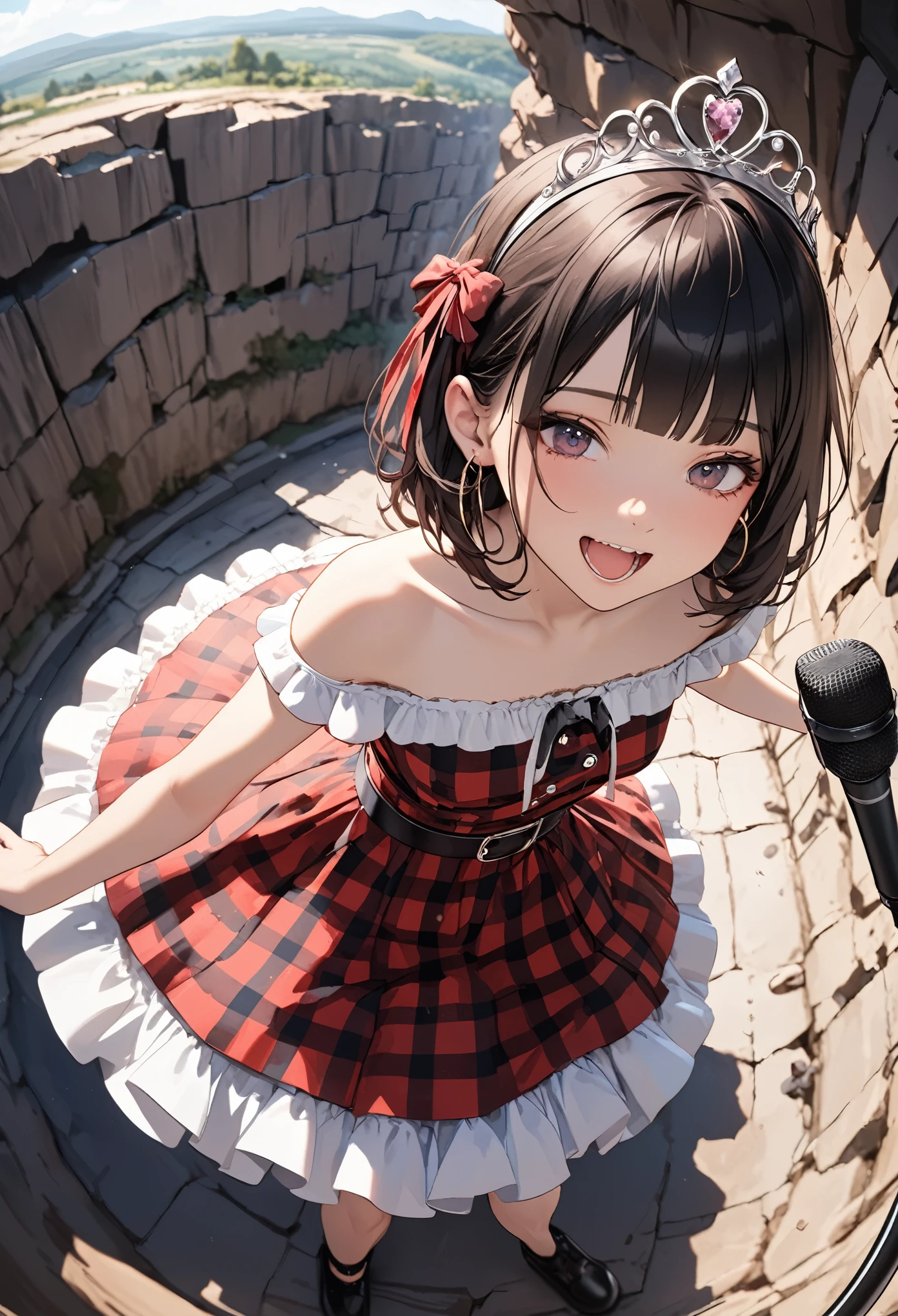 ((Masterpiece)), (Anime:1.3), ((best quality)), (super detail:1.2), (High Definition:1.3), (Professional Photography:1.2), (sharp focus), (perfect light), (fisheye), (()), cute teenage girlaid dress, (Off-Shoulder dress), hoop dress, wearing toy tiara, lolita fashion, se blunt bangs), (Thick microphone stand), singing, ((Vibrant Pose)), exposed bare shoulder and arms, lolita style, cute s, open mouth, pretty, (Healthy slim body), emo style, red checker, ribbon belt, (Melted walls), (Landscape below the deep cliff),