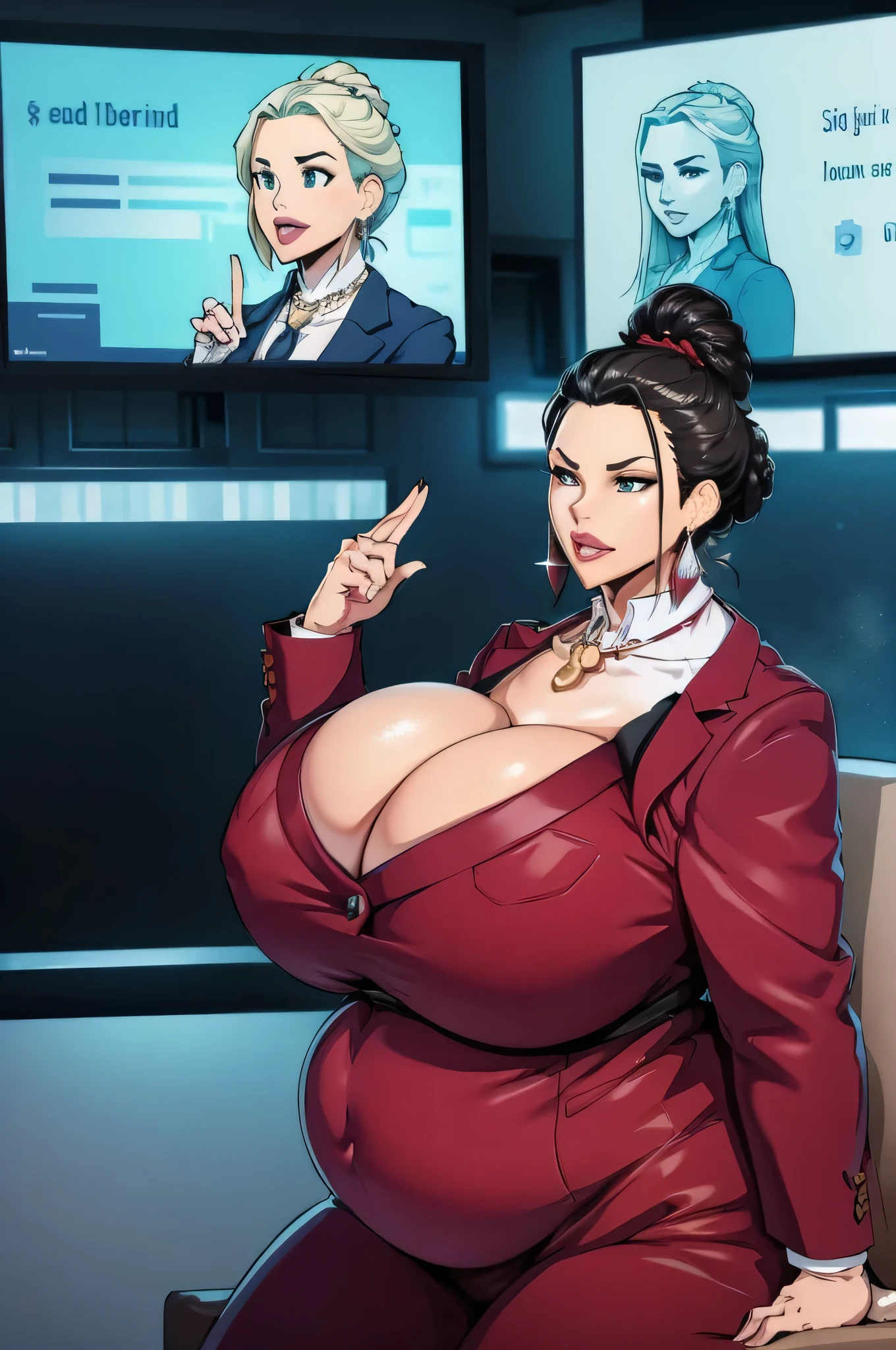 An illustration featuring a plus-size young woman standing confidently before a large audience during a business presentation. She wears a professional suit and tie ensemble, adorned with a statement necklace and matching earrings. Her hair is styled neatly, pulled back into a sleek updo, revealing her round cheeks and plump lips. With one arm raised, she gestures towards a projector screen behind her, where a slide displaying financial data is displayed. The room is filled with rows of seated individuals, all looking attentively towards the speaker.