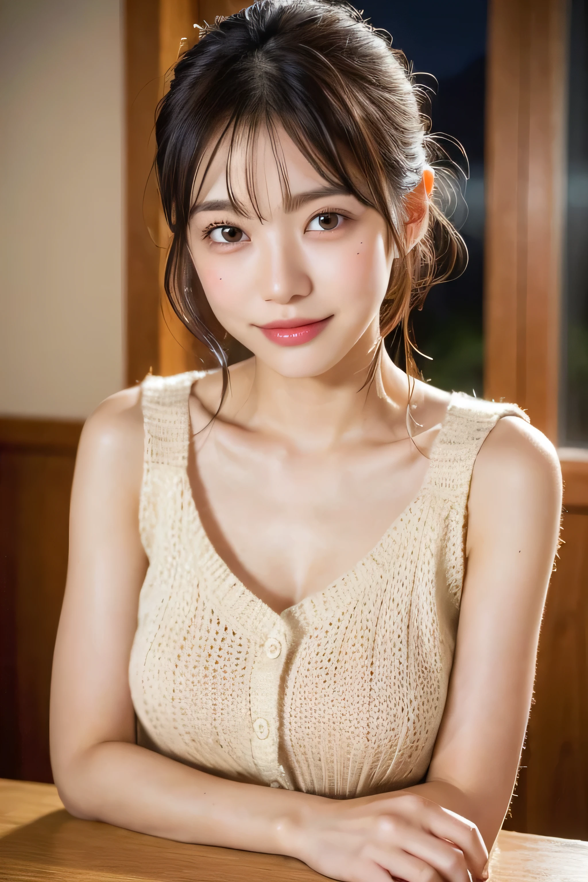 (natta:1.7), East Asian Architecture, 1womanl, sixteen years old、Colossal tits Beautiful shiny straight semi-long、Beautiful fingers,Beautiful long legs,Beauty Body,Cute nose,Beautiful character design,perfect eyes,face perfect,looking at viewert,(Innocent_Big_Eyes:1.0),(light_Smile:0.3),offcial art,ighly detailed ,(tmasterpiece:1.0),(best_quality:1.0), 超A high resolution,4K,ultra - detailed, photography of, 8K, nffsw, hight resolution, the background is blurred, (Beautiful_Face:1.5),(8K,Raw photo, 、Relax at a ryokan in Japan、(The background is a café restaurant at night:1.3),(White tank top&White Beige Shoulder Length Knit Cardigan、Plaid Flared Micro Mini Skirt:1.3),(Colossal tits) Backgrounds with depth Three-dimensional feeling ((White Beige Knitted Camisole、Thin string:1.4)) Beautiful large breast (Sitting leaning forward with your chest proudly on the table:1.3)