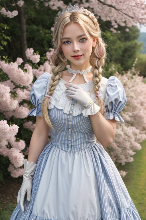 (Best Quality, Masterpiece:1.4), (Realism:1.2), (Realisitc:1.2), (Absurdres:1.2), (photorealistic:1.3), 1girl,Realistic Skin,Solo,( Very Big Eyes,beautiful detailed eyes, symmetric eyes), full body, (cowboy shot:1.4), Peach_SMP, best quality, (masterpiece:1.5), (ultra-detailed), (high quality:1.3), (high resolution), , 1girl, blonde hair, blue eyes, bowtie, braid, braids, crown, dress, elbow gloves, gloves, grey eyes, heart, jewelry, long hair, looking at viewer, open mouth, peachette, pink bow, pink dress, puffy short sleeves, puffy sleeves, smile, solo, striped, super crown, twin braids, white gloves, glossy lips, castle, clouds, grass, cherry blossoms, glossy skin, oily skin, beautiful light, choker