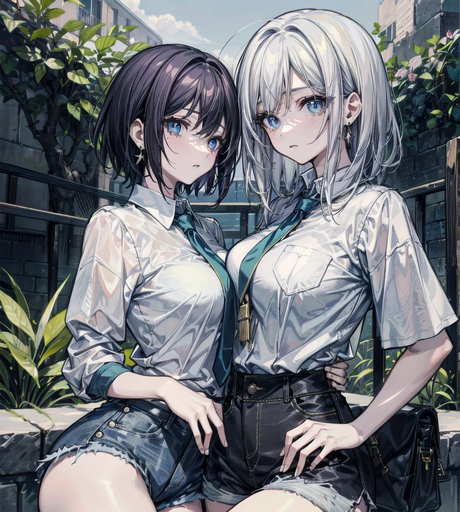absurdres, RAW photo, extremely delicate and beautiful, masterpiece, Best Quality, ultra high resolution, 32k, hyperrealistic, ultra-detailed, detailed description, perfect anatomy, pale skin, 20 years old, detailed beautiful face and eyes, tearful mole, earring, short medium hair, wavy hair, whole body shot, big tits, yuri, ((2 girls)), plain white shirt,denim shorts, outdoor,