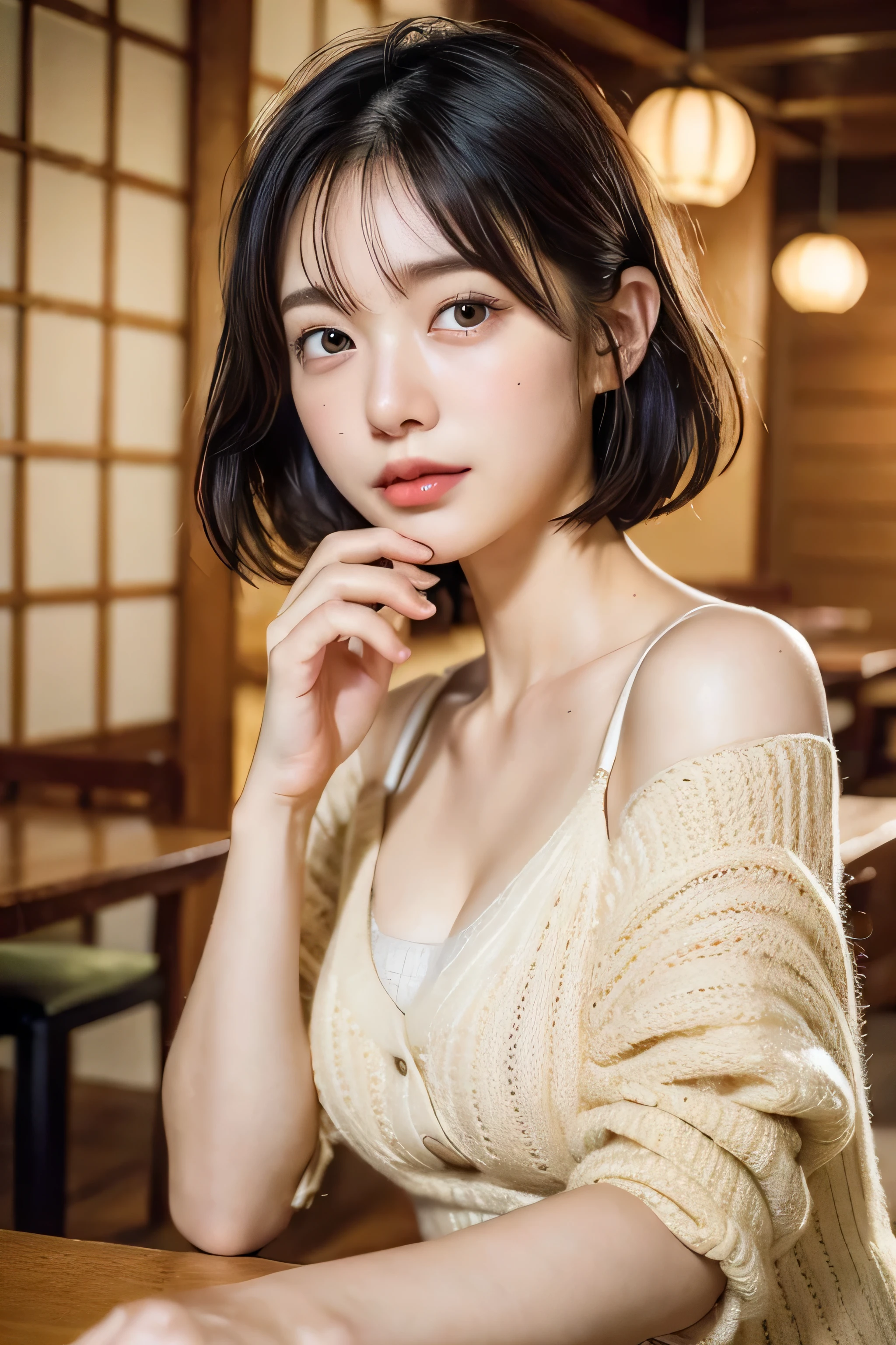 (natta:1.7), East Asian Architecture, 1womanl, sixteen years old、Colossal tits Beautiful shiny straight semi-long、Beautiful fingers,Beautiful long legs,Beauty Body,Cute nose,Beautiful character design,perfect eyes,face perfect,looking at viewert,(Innocent_Big_Eyes:1.0),(light_Smile:0.3),offcial art,ighly detailed ,(tmasterpiece:1.0),(best_quality:1.0), 超A high resolution,4K,ultra - detailed, photography of, 8K, nffsw, hight resolution, the background is blurred, (Beautiful_Face:1.5),(8K,Raw photo, 、Relax at a ryokan in Japan、(The background is a café restaurant at night:1.3),(White tank top&White Beige Shoulder Length Knit Cardigan、Plaid Flared Micro Mini Skirt:1.3),(Colossal tits) Backgrounds with depth Three-dimensional feeling ((White Beige Knitted Camisole、Thin string:1.4)) Beautiful large breast (Sitting leaning forward with your chest proudly on the table:1.3)