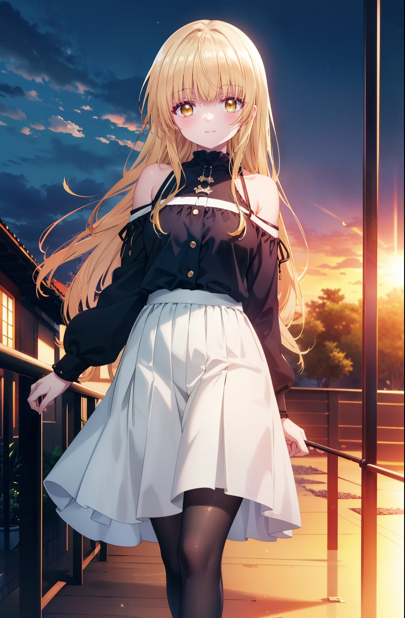 mahirushiina, Mahiru shiina, Long Hair, bangs, Blonde Hair, Brown Hair, (Yellow Eyes:1.3), smile,Cold shoulder tops,Long skirt,Black pantyhose,Stiletto heels,Walking,So that the whole body goes into the illustration,morning,morning陽,The sun is rising,
break outdoors, Building district,
break looking at viewer, (Cowboy Shot:1.5),
break (masterpiece:1.2), highest quality, High resolution, unity 8k wallpaper, (figure:0.8), (Beautiful fine details:1.6), Highly detailed face, Perfect lighting, Highly detailed CG, (Perfect hands, Perfect Anatomy),