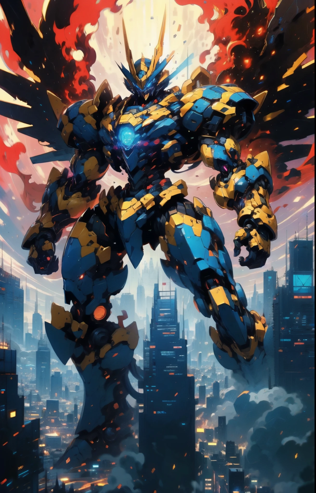 Humanoid Mecha, fully enclosed shoulder guards, matching arm and leg guards, full body, full armor, super robot, the design balances heavy with agility, (the color scheme is primarily white with red and blue accents, the concept Inspired by super robot, Dragon concept chest armor, pose, standing, floating high above the futuristic sci-fi city), exquisite and art style, (aura effect, energy, glowing eyes, the armor glows), ((SRS)), metallic, dramatic, high definition, best quality, highres, ultra-detailed, ultra-fine painting, extremely delicate, professional, perfect body proportions, anatomically correct, symmetrical face, extremely detailed eyes and face, high quality eyes, creativity, RAW photo, UHD, 32k, Natural light, cinematic lighting, masterpiece-anatomy-perfect, masterpiece:1.5