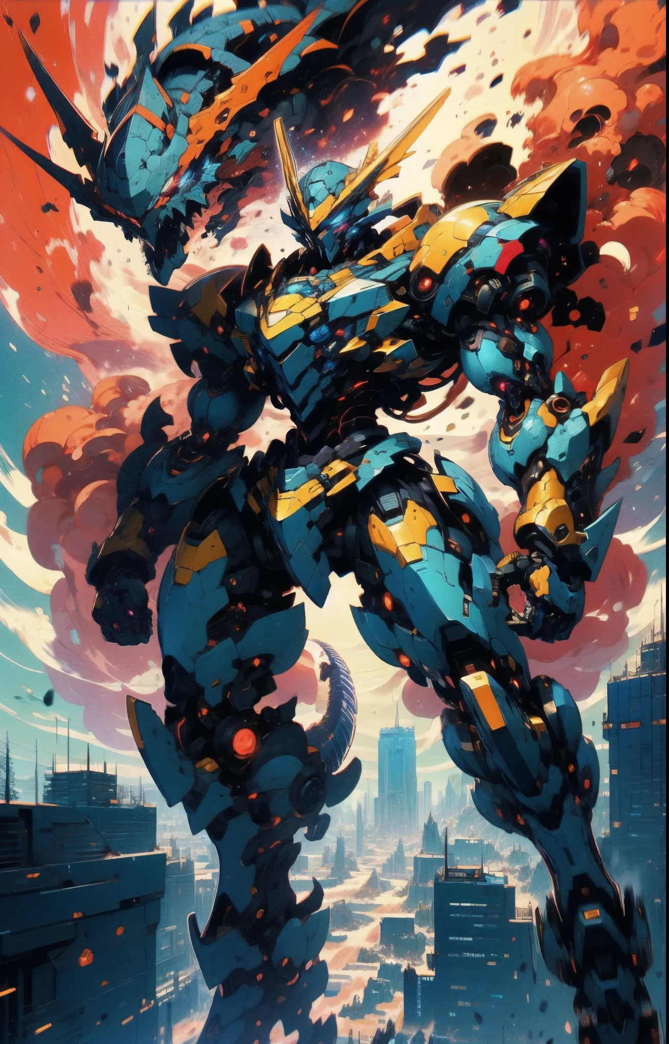 Humanoid Mecha, fully enclosed shoulder guards, matching arm and leg guards, full body, full armor, super robot, the design balances heavy with agility, (the color scheme is primarily white with red and blue accents, the concept Inspired by super robot, Dragon concept chest armor, pose, standing, floating high above the futuristic sci-fi city), exquisite and mature art style, (aura effect, energy, glowing eyes, the armor glows), ((SRS)), metallic, dramatic, high definition, best quality, highres, ultra-detailed, ultra-fine painting, extremely delicate, professional, perfect body proportions, anatomically correct, symmetrical face, extremely detailed eyes and face, high quality eyes, creativity, RAW photo, UHD, 32k, Natural light, cinematic lighting, masterpiece-anatomy-perfect, masterpiece:1.5