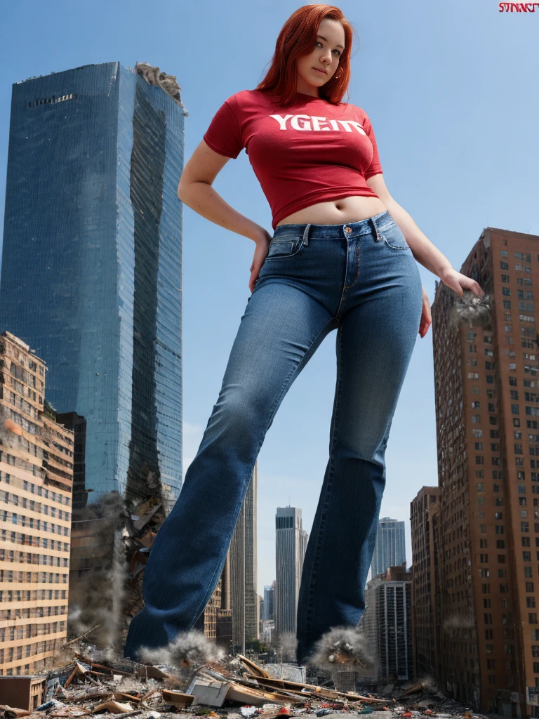 A towering Giantess (wearing a red t-shirt and jeans) stands with big ass in destroyed city. 20 year old girl, with large breasts, red hair, big belly, turned into a giant taller than buildings, showing on shrunken people stand on the ground. (YES SFW, GTS)