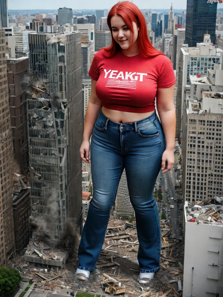 A towering Giantess (wearing a red t-shirt and jeans) stands with big ass in destroyed city. 20 year old girl, with large breasts, red hair, big belly, turned into a giant taller than buildings, showing on shrunken people stand on the ground. (YES SFW, GTS)