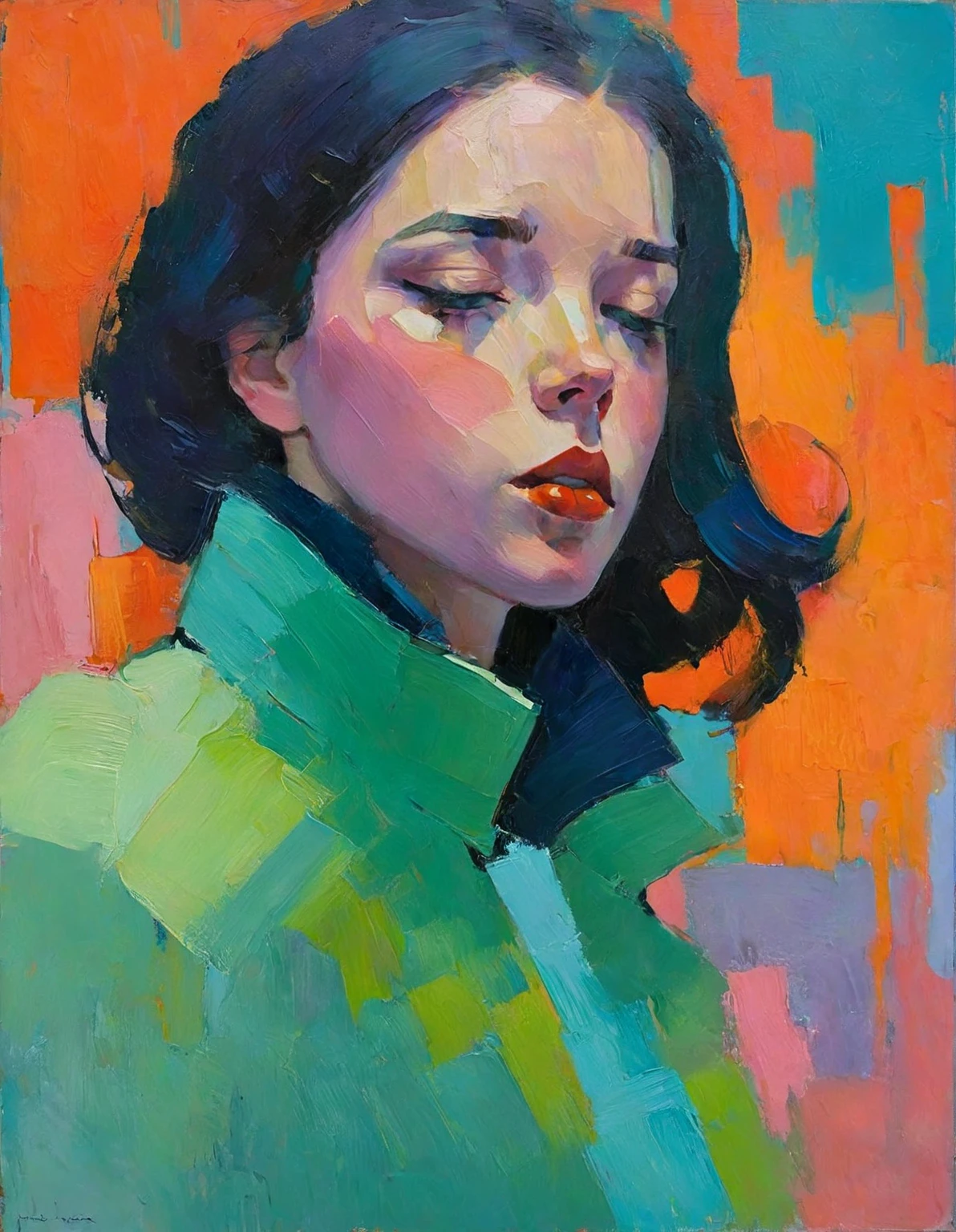 Create an evocative oil painting inspired by Malcolm Liepke, based on the provided image. Capture the intense, introspective expression of the young subject using thick, expressive brushstrokes and a muted color palette. Highlight the emotional depth and vulnerability in the subject's gaze, emphasizing the play of light and shadow on their face. Maintain a simple, textured background that complements the subject's contemplative presence. Focus on the tactile quality of the oil paint to convey the raw emotion and intimacy characteristic of Liepke's style.