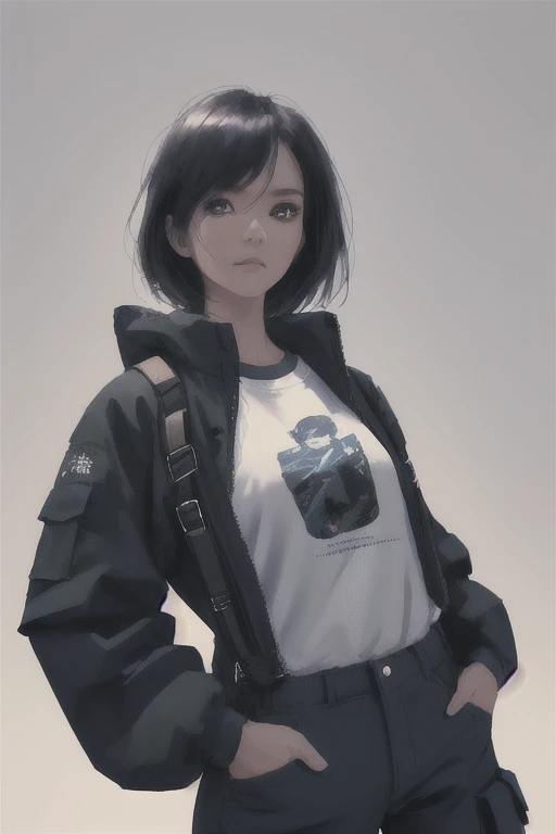 1girl, solo, oversize cargo pants, oversized tshirt, artwork on the Tshirt, posing for a photo shoot, looking at the viewer, neutral expression, ((hands in pants pocket)), aesthetic, awe-inspiring, cool, digital art, high resolution, ((masterpiece, 8k,wlop)), (plain background)