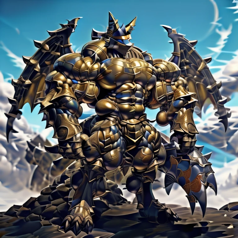 (LUCARIO, 8K), (Masterpiece, highres), (Golden armor, medieval armor, horned helmet, full armor), (Detailed head, Detailed Body, Detailed abs, full body), (wearing a cloak),
(gigantic muscles, Gigachad Muscular, big muscle, pecs, triceps, traps, unusually developed muscular body, body full of huge muscles. showing off muscles, pectorales enormes, Exaggeratedly huge muscles.),
(nj5furry, The claws are sharp, Sharp teeth, sharp claws), (long legs), (Golden wings, Spread wings, It has wings, have big wings),