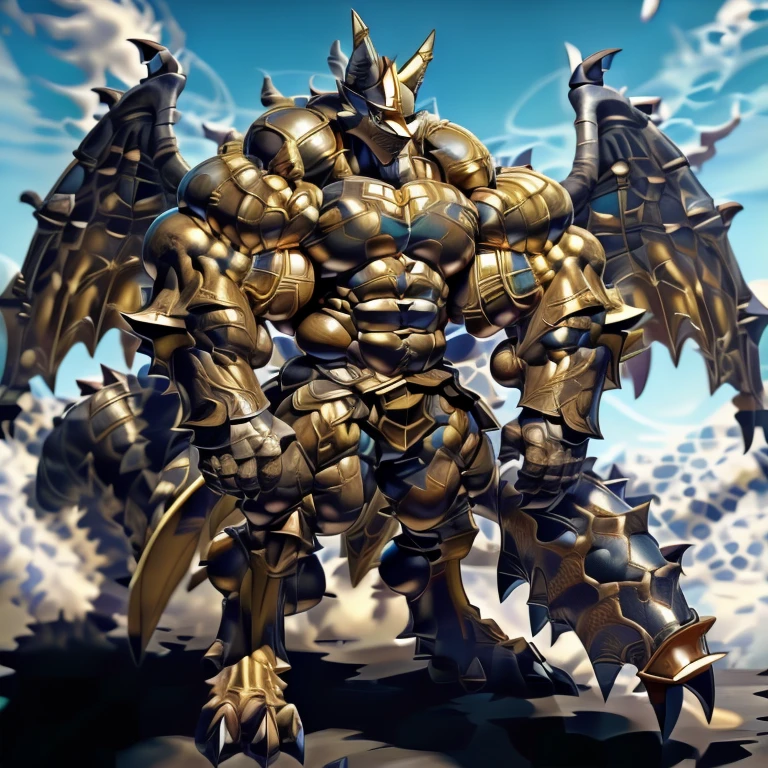(LUCARIO, 8K), (Masterpiece, highres), (Golden armor, medieval armor, horned helmet, full armor), (Detailed head, Detailed Body, Detailed abs, full body), (wearing a cloak),
(gigantic muscles, Gigachad Muscular, big muscle, pecs, triceps, traps, unusually developed muscular body, body full of huge muscles. showing off muscles, pectorales enormes, Exaggeratedly huge muscles.),
(nj5furry, The claws are sharp, Sharp teeth, sharp claws), (long legs), (Golden wings, Spread wings, It has wings, have big wings),