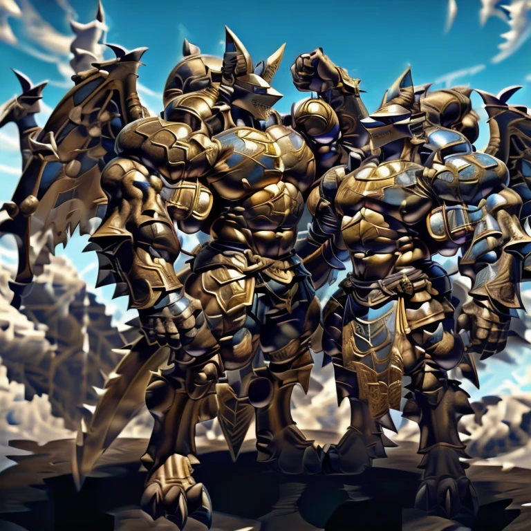 (LUCARIO, 8K), (Masterpiece, highres), (Golden armor, medieval armor, horned helmet, full armor), (Detailed head, Detailed Body, Detailed abs, full body), (wearing a cloak),
(gigantic muscles, Gigachad Muscular, big muscle, pecs, triceps, traps, unusually developed muscular body, body full of huge muscles. showing off muscles, pectorales enormes, Exaggeratedly huge muscles.),
(nj5furry, The claws are sharp, Sharp teeth, sharp claws), (long legs), (Golden wings, Spread wings, It has wings, have big wings),