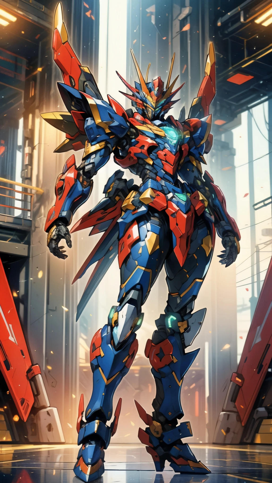 Humanoid Mecha, fully enclosed shoulder guards, matching arm and leg guards, full body, full armor, super robot, the design balances heavy with agility, (the color scheme is primarily white with red and blue accents, the concept Inspired by super robot, Lion concept chest armor, pose, standing, floating high above the futuristic sci-fi city), exquisite and mature art style, (aura effect, energy, glowing eyes, the armor glows), ((SRS)), metallic, dramatic, high definition, best quality, highres, ultra-detailed, ultra-fine painting, extremely delicate, professional, perfect body proportions, anatomically correct, symmetrical face, extremely detailed eyes and face, high quality eyes, creativity, RAW photo, UHD, 32k, Natural light, cinematic lighting, masterpiece-anatomy-perfect, masterpiece:1.5