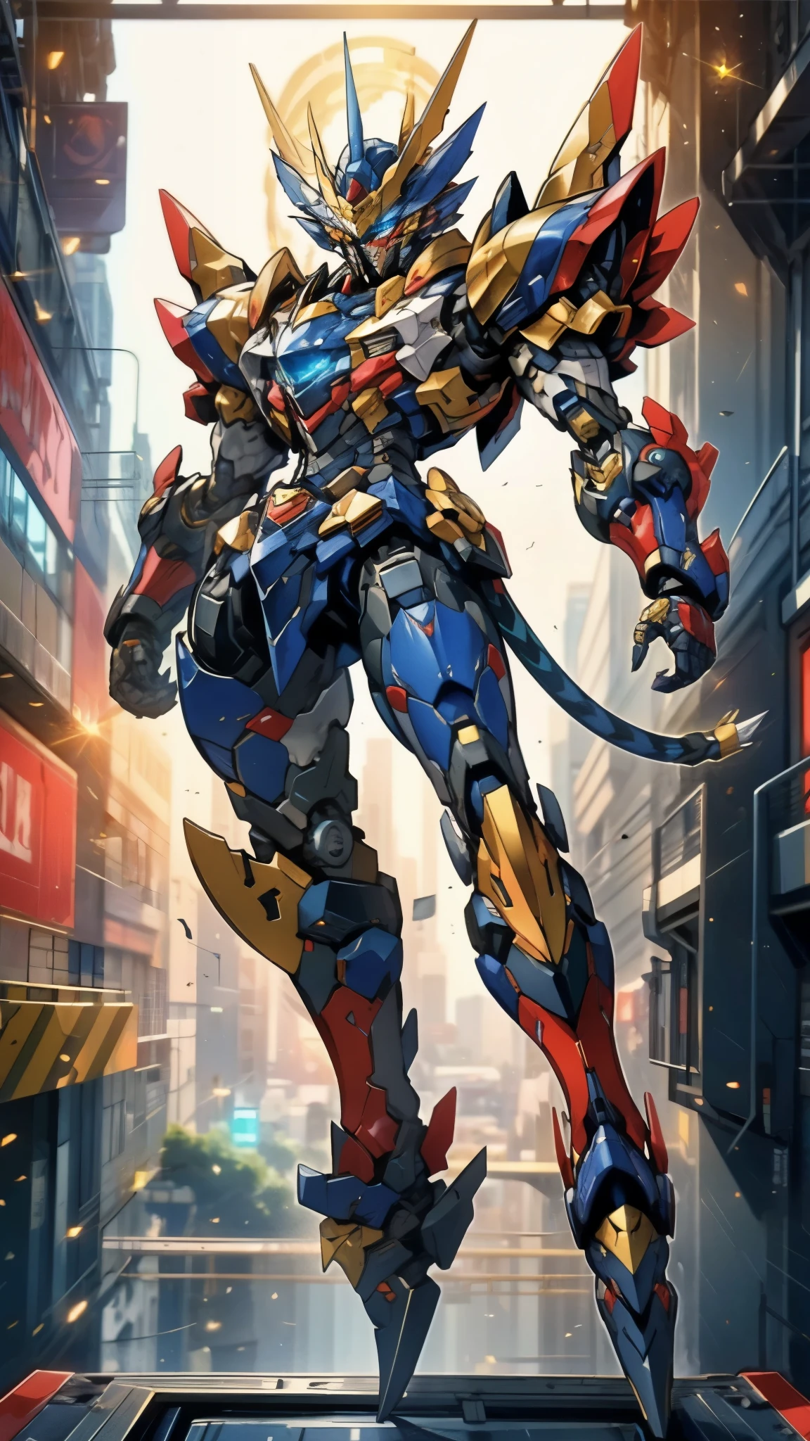 Humanoid Mecha, fully enclosed shoulder guards, matching arm and leg guards, full body, full armor, super robot, the design balances heavy with agility, (the color scheme is primarily white with red and blue accents, the concept Inspired by super robot, Lion concept chest armor, pose, standing, floating high above the futuristic sci-fi city), exquisite and mature art style, (aura effect, energy, glowing eyes, the armor glows), ((SRS)), metallic, dramatic, high definition, best quality, highres, ultra-detailed, ultra-fine painting, extremely delicate, professional, perfect body proportions, anatomically correct, symmetrical face, extremely detailed eyes and face, high quality eyes, creativity, RAW photo, UHD, 32k, Natural light, cinematic lighting, masterpiece-anatomy-perfect, masterpiece:1.5