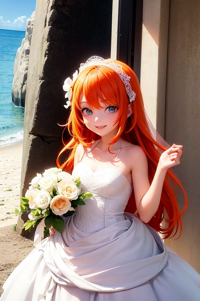 Orange Hair Medium Short Light blue eyes Beauty smile wedding White Dress White Flower Bouquet Blue Sea White sand beach Light of the sun