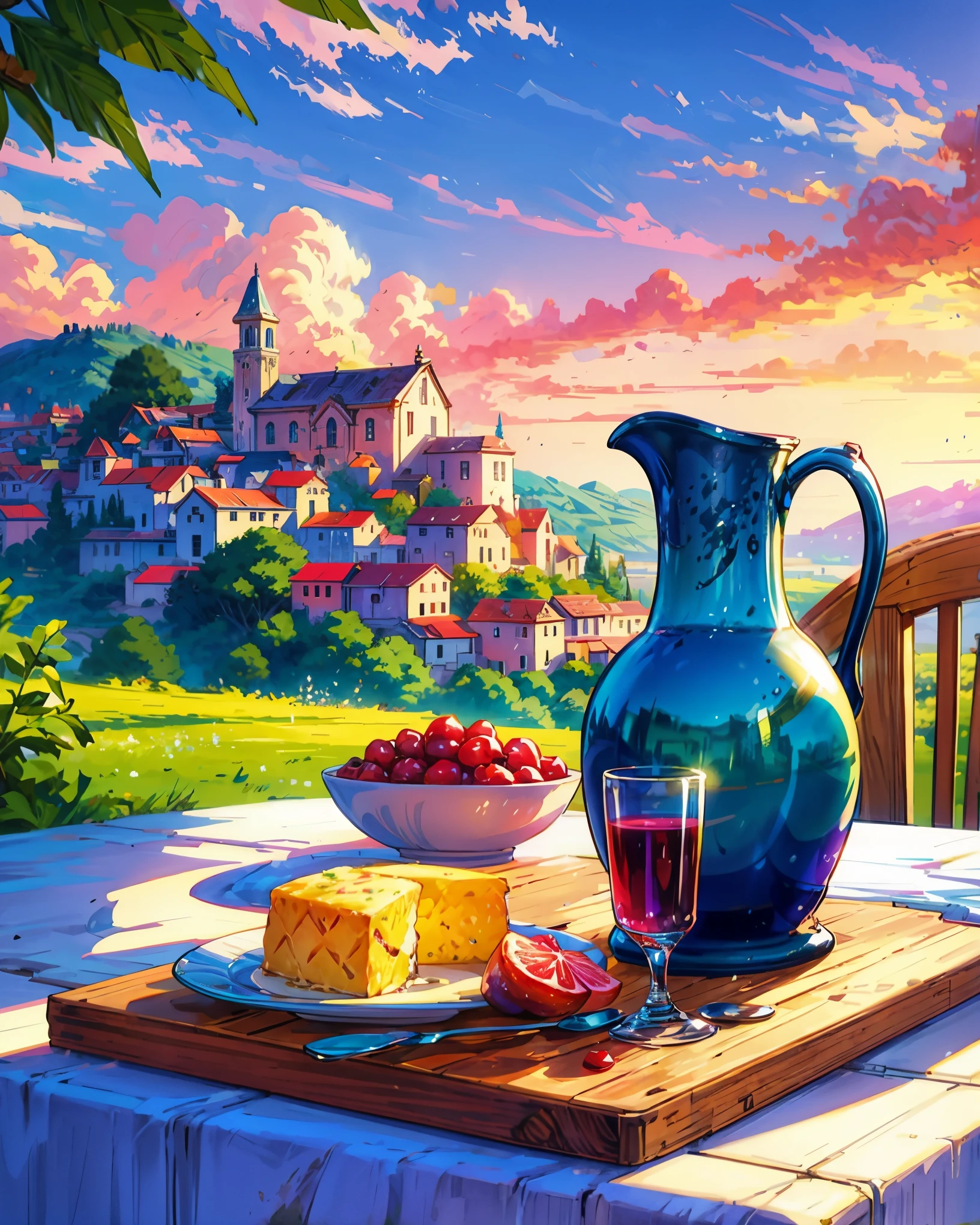 a painting of a table with a plate of food and a pitcher of juice, cozy cafe background, background of flowery hill, tavern background, by Edward Okuń, scenery artwork, background art, background artwork, ross tran. scenic background, scenery art detailed, anime scenery, anime scenery concept art, anime landscape, anime background art, beautiful detailed background, HD, UHD, HDR, 32 K