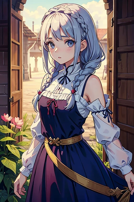 simple girl, 1 garota, vestido medieval, pebleia, cabelo castanho, olhos castanhos, hair braided over the shoulders. Sozinha.