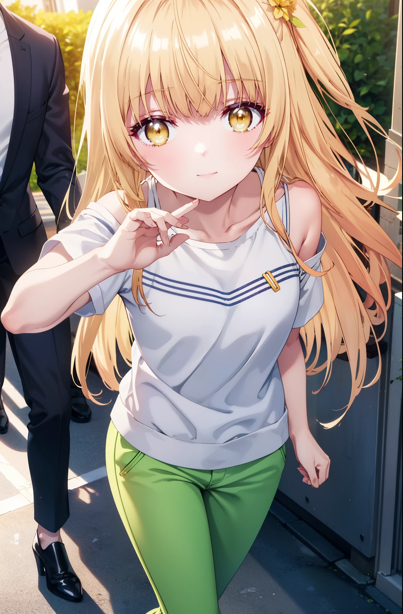mahirushiina, Mahiru shiina, Long Hair, bangs, Blonde Hair, Brown Hair, (Yellow Eyes:1.3), smile,Cold shoulder tops,Short sleeve,skinny pants,Stiletto heels,Walking,whole bodyがイラストに入るように,morning,morning陽,The sun is rising,
break outdoors, Building district,
break looking at viewer,whole body,
break (masterpiece:1.2), highest quality, High resolution, unity 8k wallpaper, (figure:0.8), (Beautiful fine details:1.6), Highly detailed face, Perfect lighting, Highly detailed CG, (Perfect hands, Perfect Anatomy),
