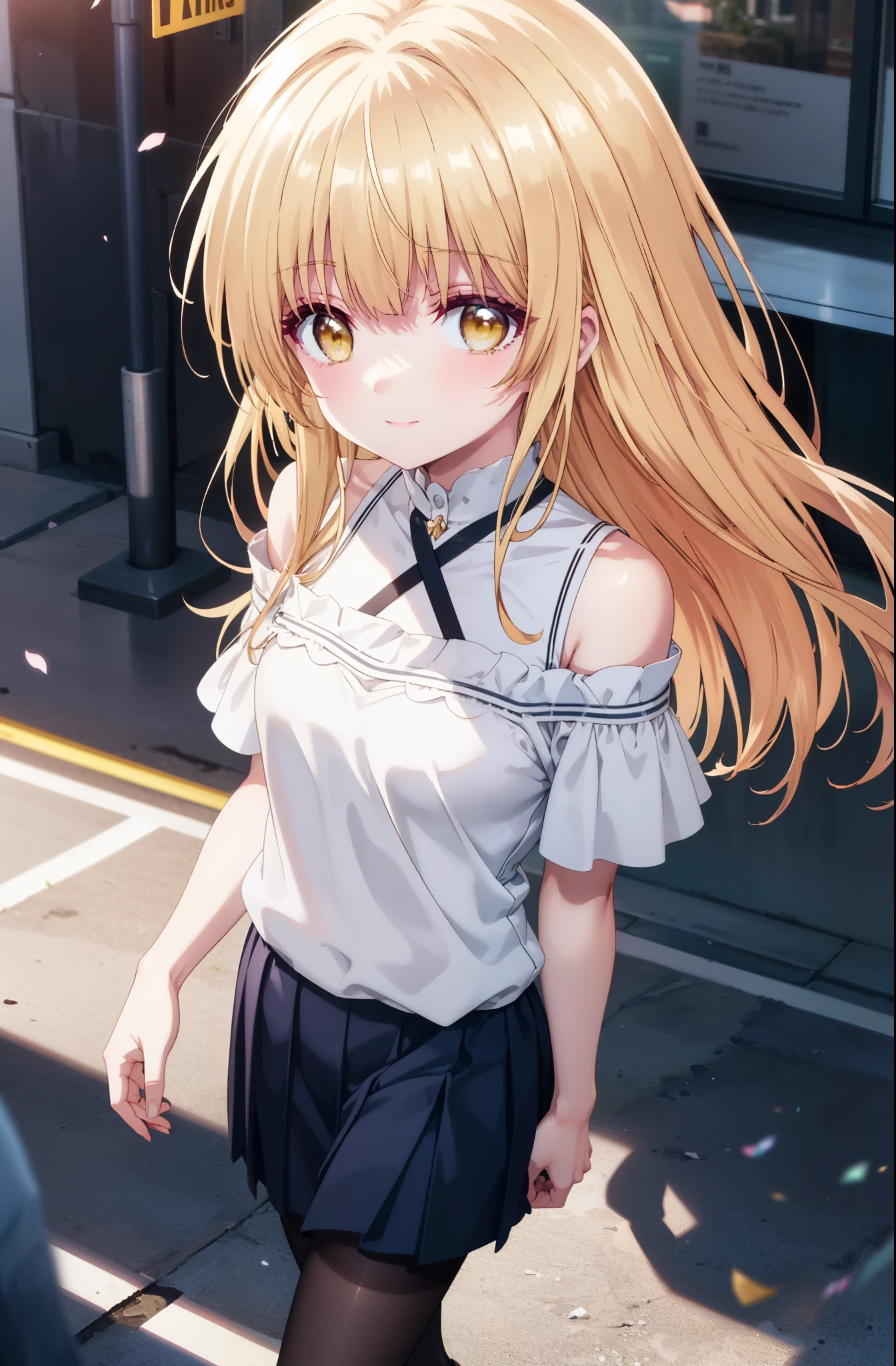 mahirushiina, Mahiru shiina, Long Hair, bangs, Blonde Hair, Brown Hair, (Yellow Eyes:1.3), smile,Cold shoulder tops,Short sleeve,Long skirt,Black pantyhose,Stiletto heels,Walking,whole bodyがイラストに入るように,morning,morning陽,The sun is rising,
break outdoors, Building district,
break looking at viewer,whole body,
break (masterpiece:1.2), highest quality, High resolution, unity 8k wallpaper, (figure:0.8), (Beautiful fine details:1.6), Highly detailed face, Perfect lighting, Highly detailed CG, (Perfect hands, Perfect Anatomy),