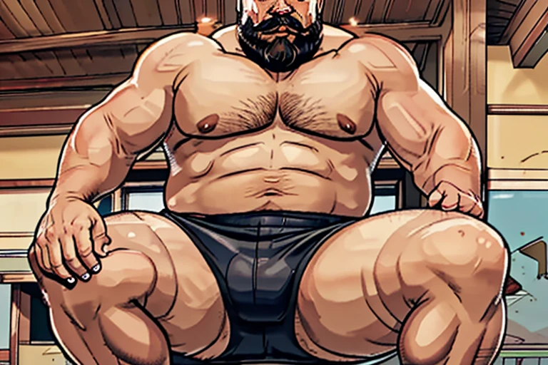 male people，Middle Age，Strong build，（Spread your legs），（No tops and pants），（wearing white underwear），In old Japanese houses，small bulge, nsfw, chubby, big fat, musclechub, hairy, armpit hair, older man, thick beard, facial hair, beard, thick mustache, sweaty, blushing