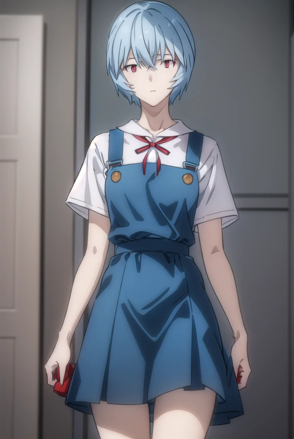 reiayanami, Rei Ayanami, Blue Hair, short hair, (Red eyes:1.5), (Small breasts:1.2),
break blue dress, dress, neck ribbon, pinafore dress, red ribbon, ribbon, , Short sleeve, short-sleeved sweater, sweater,
break indoors, classroom,
break looking at viewer, (Cowboy Shot:1.5),
break (masterpiece:1.2), highest quality, High resolution, unity 8k wallpaper, (figure:0.8), (Beautiful fine details:1.6), Highly detailed face, Perfect lighting, Highly detailed CG, (Perfect hands, Perfect ???????),