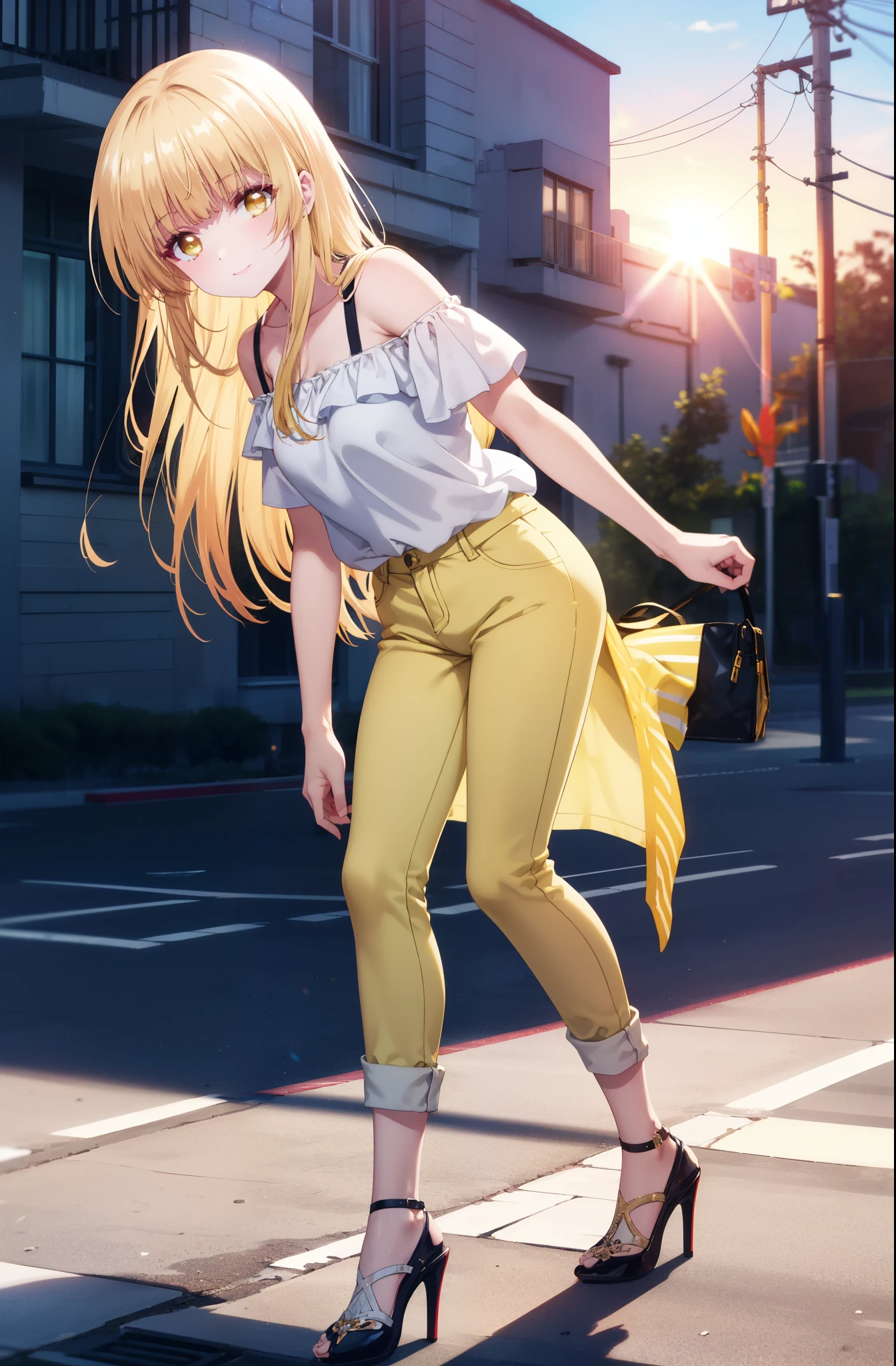 mahirushiina, Mahiru shiina, Long Hair, bangs, Blonde Hair, Brown Hair, (Yellow Eyes:1.3), smile,Cold shoulder tops,Short sleeve,skinny pants,Stiletto heels,Walking,whole bodyがイラストに入るように,morning,morning陽,The sun is rising,
break outdoors, Building district,
break looking at viewer,whole body,
break (masterpiece:1.2), highest quality, High resolution, unity 8k wallpaper, (figure:0.8), (Beautiful fine details:1.6), Highly detailed face, Perfect lighting, Highly detailed CG, (Perfect hands, Perfect Anatomy),