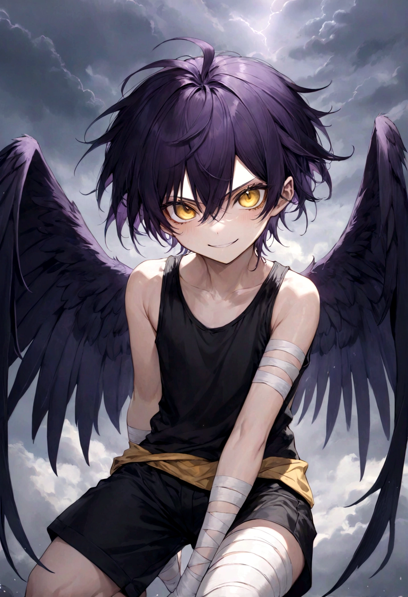 ((top-quality)), ((masterpiece)), ((ultra-detailliert)), (extremely delicate and beautiful), harpy boy, bandages on feet, mischievous smile, dark purple hair, golden eyes, constricted pupils, dark purple wings, well fitted black tank top, dark black shorts, stormy sky background