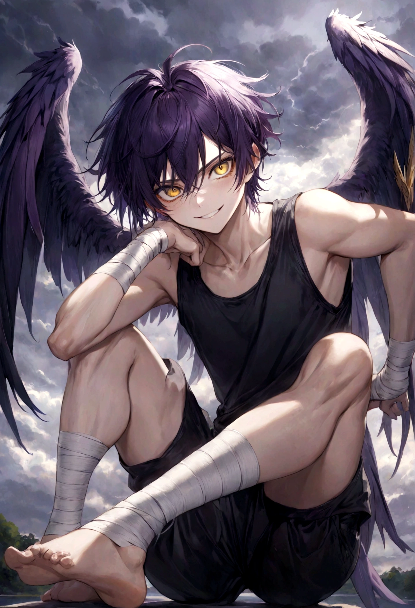 ((top-quality)), ((masterpiece)), ((ultra-detailliert)), (extremely delicate and beautiful), harpy boy, bandages on feet, mischievous smile, dark purple hair, golden eyes, constricted pupils, dark purple wings, well fitted black tank top, dark black shorts, stormy sky background