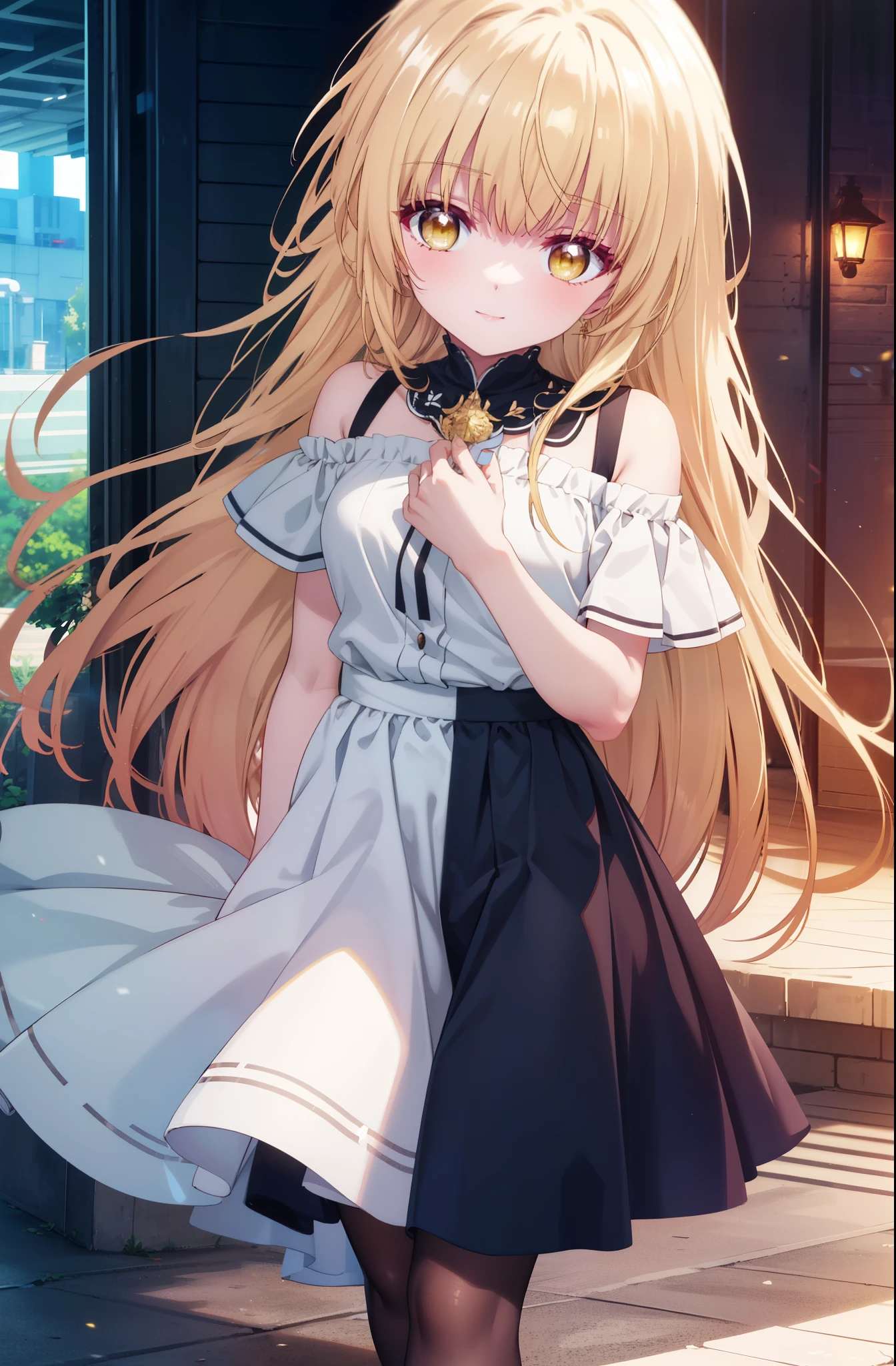 mahirushiina, Mahiru shiina, Long Hair, bangs, Blonde Hair, Brown Hair, (Yellow Eyes:1.3), smile,Cold shoulder tops,Short sleeve,Long skirt,Black pantyhose,Stiletto heels,Walking,whole bodyがイラストに入るように,morning,morning陽,The sun is rising,
break outdoors, Building district,
break looking at viewer,whole body,
break (masterpiece:1.2), highest quality, High resolution, unity 8k wallpaper, (figure:0.8), (Beautiful fine details:1.6), Highly detailed face, Perfect lighting, Highly detailed CG, (Perfect hands, Perfect Anatomy),