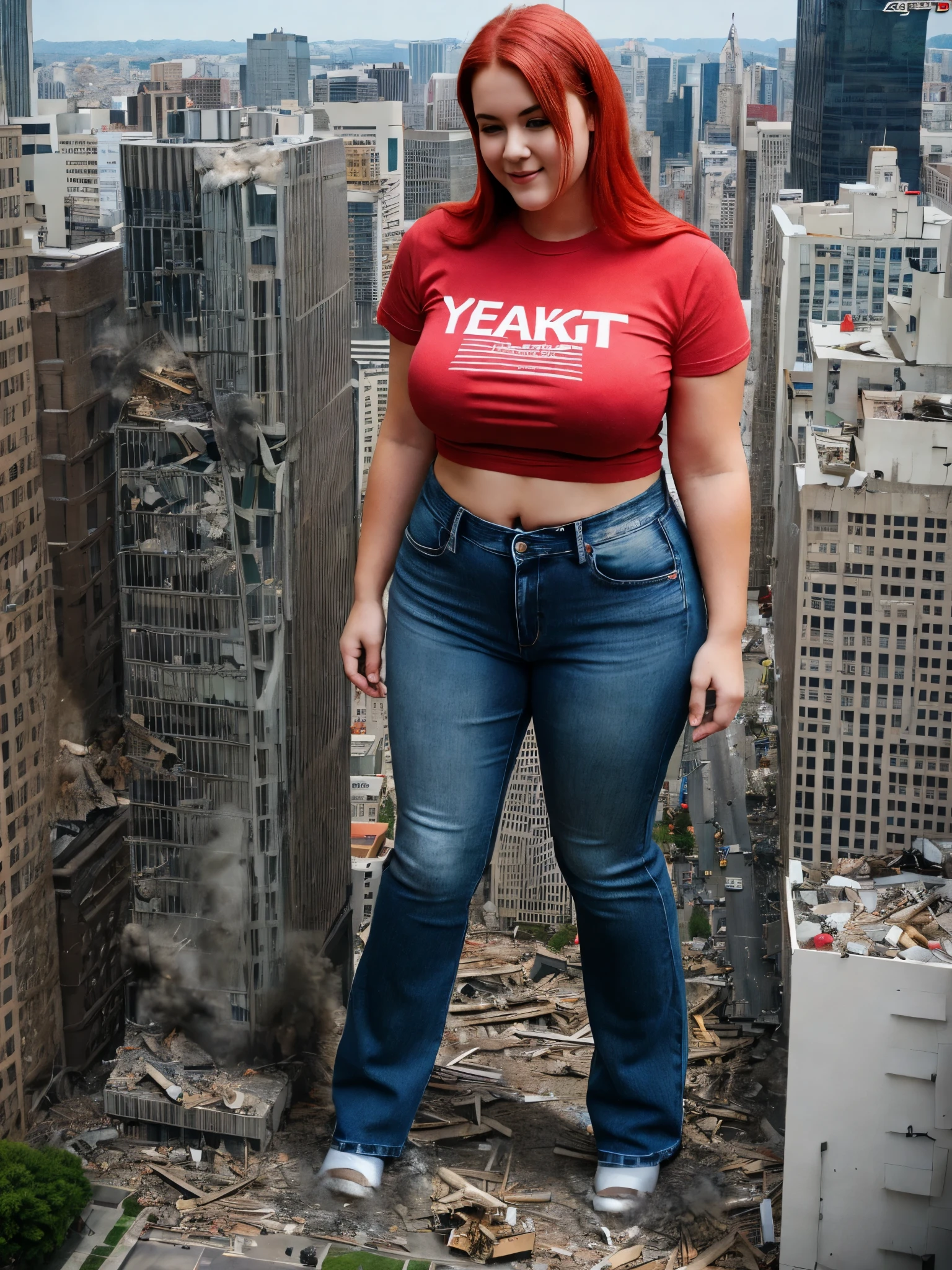 A towering Giantess (wearing a red t-shirt and jeans) stands with big ass in destroyed city. 20 year old girl, with large breasts, red hair, big belly, turned into a giant taller than buildings, showing on shrunken people stand on the ground. (YES SFW, GTS)