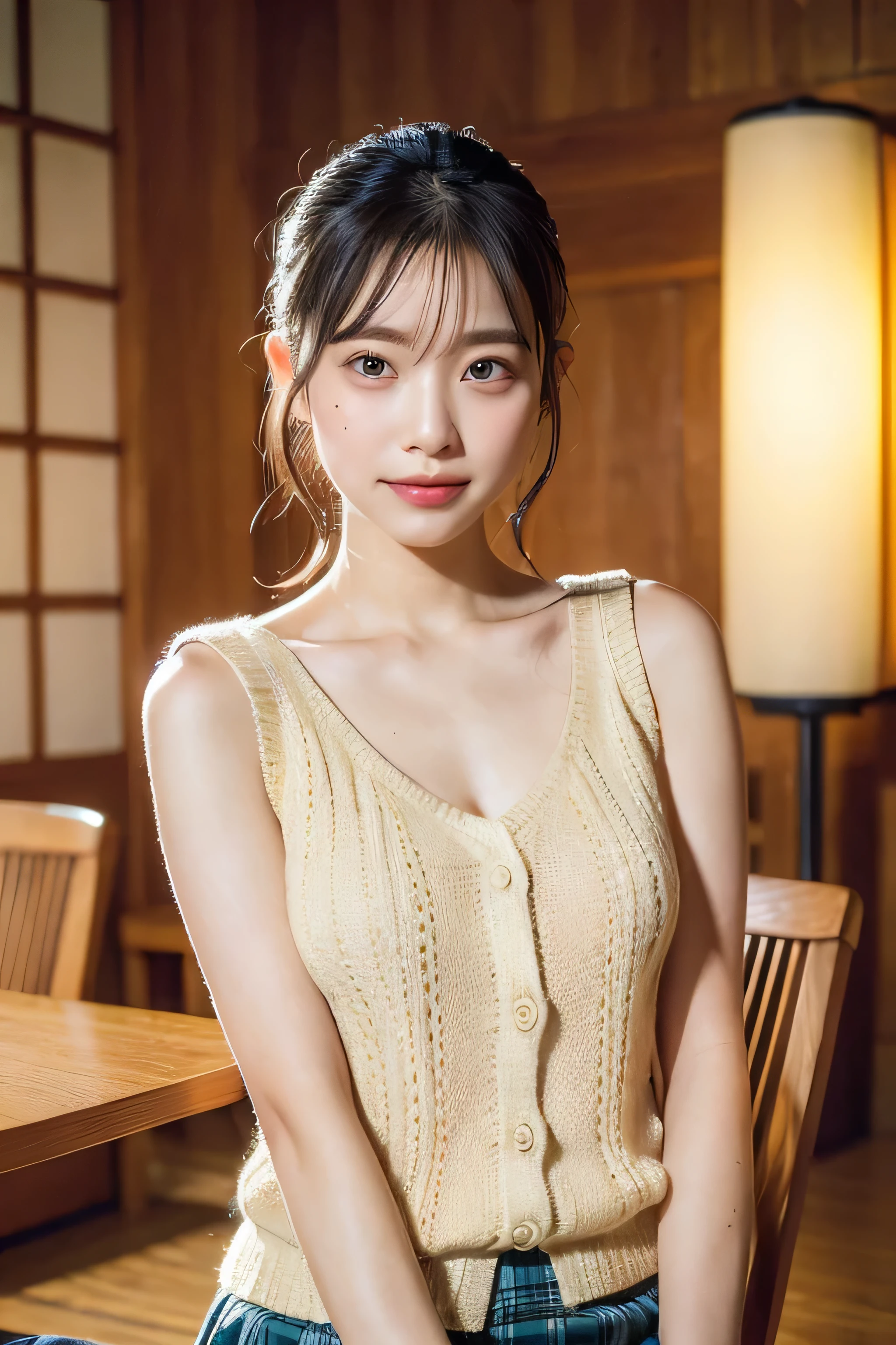 (natta:1.7), East Asian Architecture, 1womanl, sixteen years old、Colossal tits Beautiful shiny straight semi-long、Beautiful fingers,Beautiful long legs,Beauty Body,Cute nose,Beautiful character design,perfect eyes,face perfect,looking at viewert,(Innocent_Big_Eyes:1.0),(light_Smile:0.3),offcial art,ighly detailed ,(tmasterpiece:1.0),(best_quality:1.0), 超A high resolution,4K,ultra - detailed, photography of, 8K, nffsw, hight resolution, the background is blurred, (Beautiful_Face:1.5),(8K,Raw photo, 、Relax at a ryokan in Japan、(The background is a café restaurant at night:1.3),(White tank top&White Beige Shoulder Length Knit Cardigan、Plaid Flared Micro Mini Skirt:1.3),(Colossal tits) Backgrounds with depth Three-dimensional feeling ((White Beige Knitted Camisole、Thin string:1.4)) Beautiful large breast (Sitting leaning forward with your chest proudly on the table:1.3)