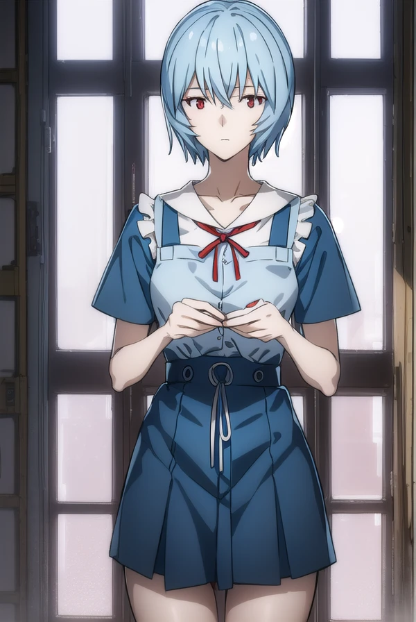 reiayanami, Rei Ayanami, Blue Hair, short hair, (Red eyes:1.5), (Small breasts:1.2),
break blue ドレス, Mini Dress, neck ribbon, Pinafore dress, red ribbon, ribbon, , Short sleeve, short-sleeved sweater, sweater,
break indoors, classroom,
break looking at viewer, (Cowboy Shot:1.5),
break (masterpiece:1.2), highest quality, High resolution, unity 8k wallpaper, (figure:0.8), (Beautiful fine details:1.6), Highly detailed face, Perfect lighting, Highly detailed CG, (Perfect hands, Perfect Anatomy),