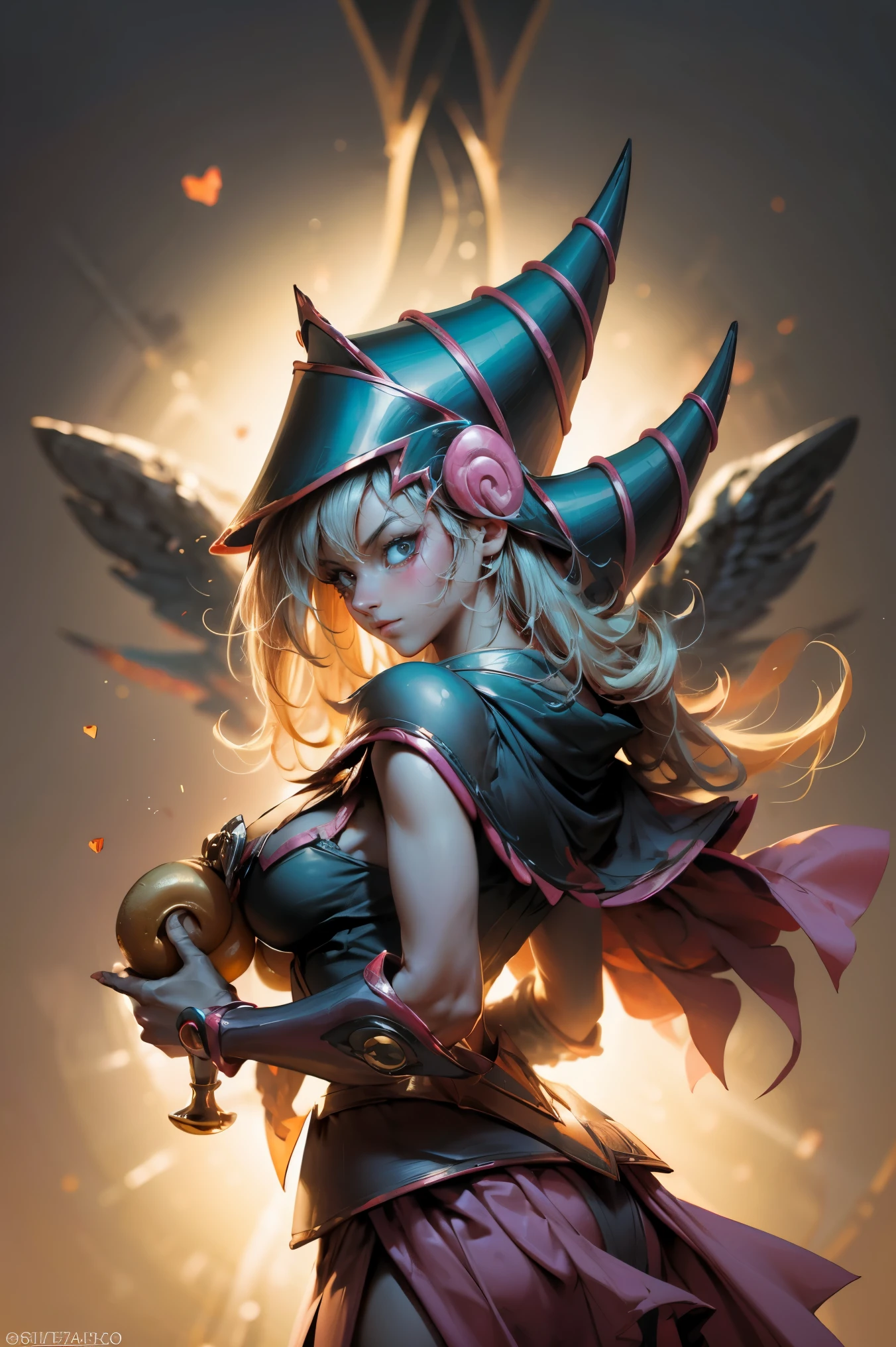 (Obra maestra:1.2), (La mejor calidad:1.2), perfect lighting, Chica Maga Oscura lanzando un hechizo, En sus veinte, flotando en el aire, tetas grandes, escote, bata azul, sombrero grande, desde arriba, Destellos, Yugioh juego, magic of the heart. luces del corazon, Romantic heart