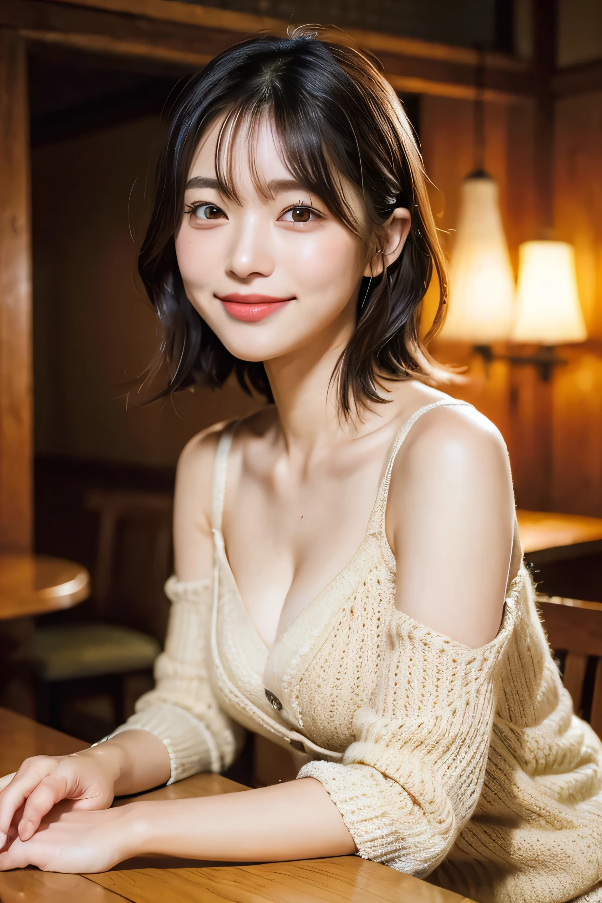 (natta:1.7), East Asian Architecture, 1womanl, sixteen years old、Colossal tits Beautiful shiny straight semi-long、Beautiful fingers,Beautiful long legs,Beauty Body,Cute nose,Beautiful character design,perfect eyes,face perfect,looking at viewert,(Innocent_Big_Eyes:1.0),(light_Smile:0.3),offcial art,ighly detailed ,(tmasterpiece:1.0),(best_quality:1.0), 超A high resolution,4K,ultra - detailed, photography of, 8K, nffsw, hight resolution, the background is blurred, (Beautiful_Face:1.5),(8K,Raw photo, 、Relax at a ryokan in Japan、(The background is a café restaurant at night:1.3),(White tank top&White Beige Shoulder Length Knit Cardigan、Plaid Flared Micro Mini Skirt:1.3),(Colossal tits) Backgrounds with depth Three-dimensional feeling ((White Beige Knitted Camisole、Thin string:1.4)) Beautiful large breast (Sitting leaning forward with your chest proudly on the table:1.3)