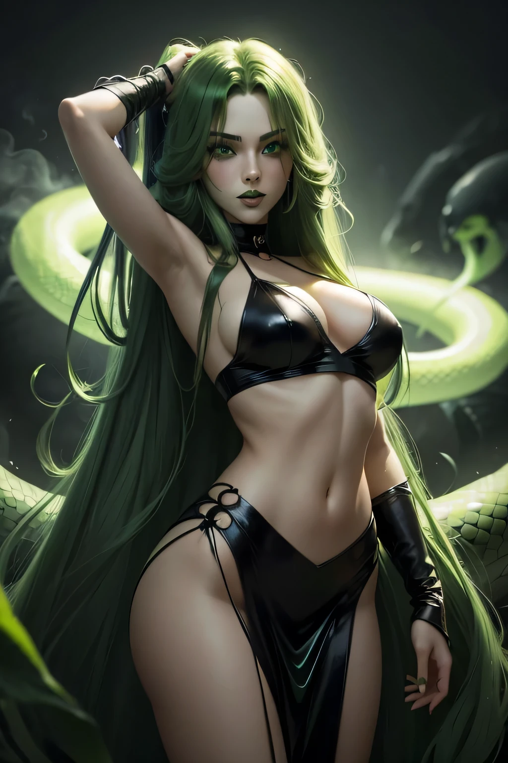 sexy, woman, green long hair, black lips, green eyes, green fog, magic powers, snake