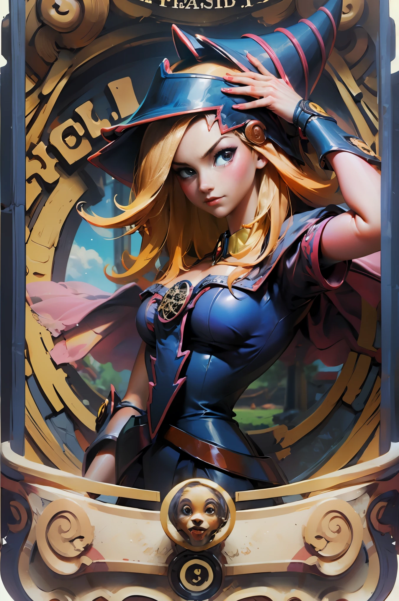 (Obra maestra:1.2), (La mejor calidad:1.2), perfect lighting, Chica Maga Oscura lanzando un hechizo, flotando en el aire, tetas grandes, escote, fondo de magia. Corazones transparente en el hambiente, bata azul, sombrero grande, desde arriba, Destellos, Yugioh Card en el fondo
