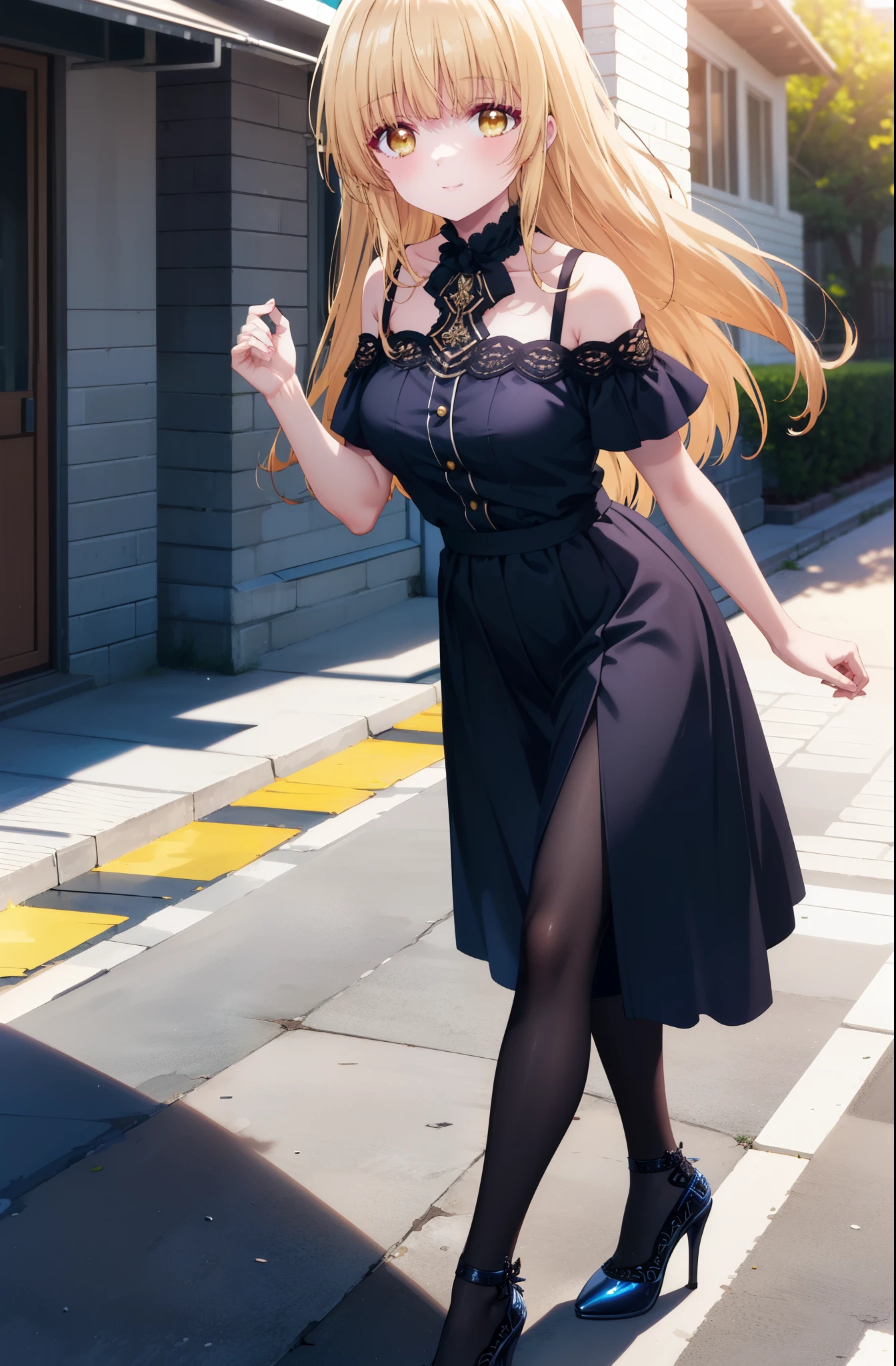 mahirushiina, Mahiru shiina, Long Hair, bangs, Blonde Hair, Brown Hair, (Yellow Eyes:1.3), smile,Cold shoulder tops,Short sleeve,Long skirt,Black pantyhose,Stiletto heels,Walking,whole bodyがイラストに入るように,morning,morning陽,The sun is rising,
break outdoors, Building district,
break looking at viewer,whole body,
break (masterpiece:1.2), highest quality, High resolution, unity 8k wallpaper, (figure:0.8), (Beautiful fine details:1.6), Highly detailed face, Perfect lighting, Highly detailed CG, (Perfect hands, Perfect ???????),