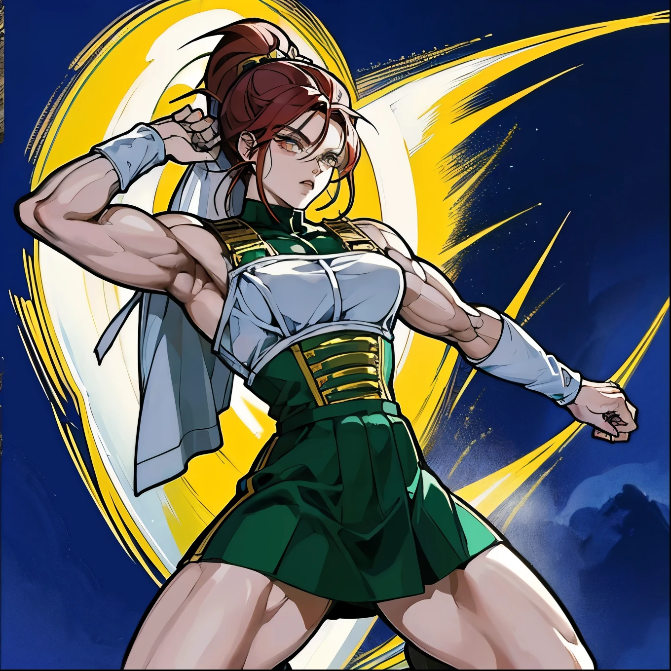 Nome: Akira Redd breed: Idade Saiyajin: 26 years old Physical description: Akira tem (cabelos curtos nas cores vermelho e branco) (Olhos cianos) penetrantes e magro, athletic appearance that reveals her strength and agility as a Saiyan warrior.
Personalidade: Akira is a mischievous and fearless Saiyan, conhecida por sua personalidade ousada e provocante. Ela treina diligentemente todos os dias, improving your combat skills and physical strength to become an unbeatable fighter. Apesar de sua natureza provocadora, Akira has a strong and generous heart, pronto para proteger aqueles que ama. Ela pode alternar entre momentos de brincadeira e seriedade, displaying your ability to be cold and calculating when necessary. Akira is a unique and captivating warrior, defying expectations and surprising your opponents with your cunning and determination. (muscular arms) (Pernas musculosos) 