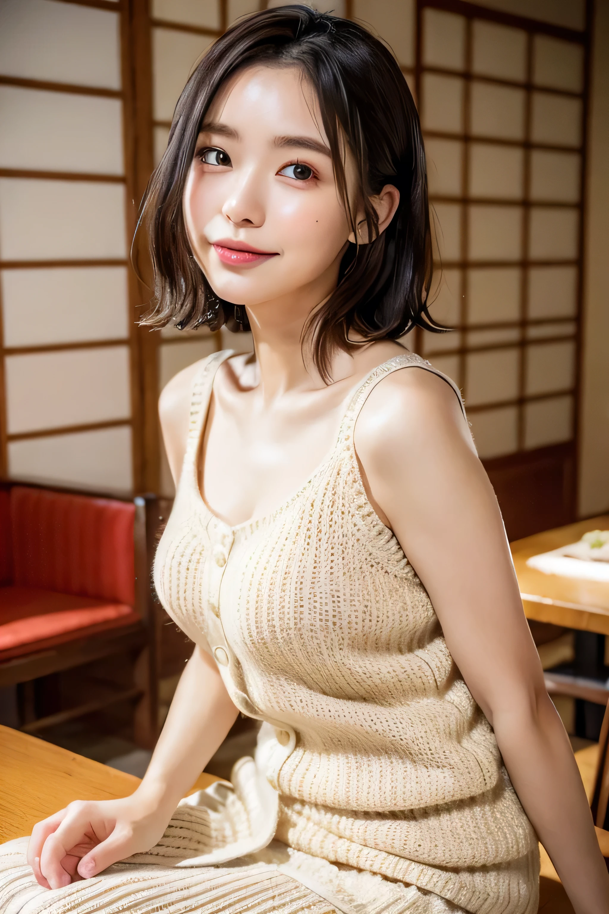 (natta:1.7), East Asian Architecture, 1womanl, sixteen years old、Colossal tits Beautiful shiny straight semi-long、Beautiful fingers,Beautiful long legs,Beauty Body,Cute nose,Beautiful character design,perfect eyes,face perfect,looking at viewert,(Innocent_Big_Eyes:1.0),(light_Smile:0.3),offcial art,ighly detailed ,(tmasterpiece:1.0),(best_quality:1.0), 超A high resolution,4K,ultra - detailed, photography of, 8K, nffsw, hight resolution, the background is blurred, (Beautiful_Face:1.5),(8K,Raw photo, 、Relax at a ryokan in Japan、(The background is a café restaurant at night:1.3),(White tank top&White Beige Shoulder Length Knit Cardigan、Plaid Flared Micro Mini Skirt:1.3),(Colossal tits) Backgrounds with depth Three-dimensional feeling ((White Beige Knitted Camisole、Thin string:1.4)) Beautiful large breast (Sitting leaning forward with your chest proudly on the table:1.3)