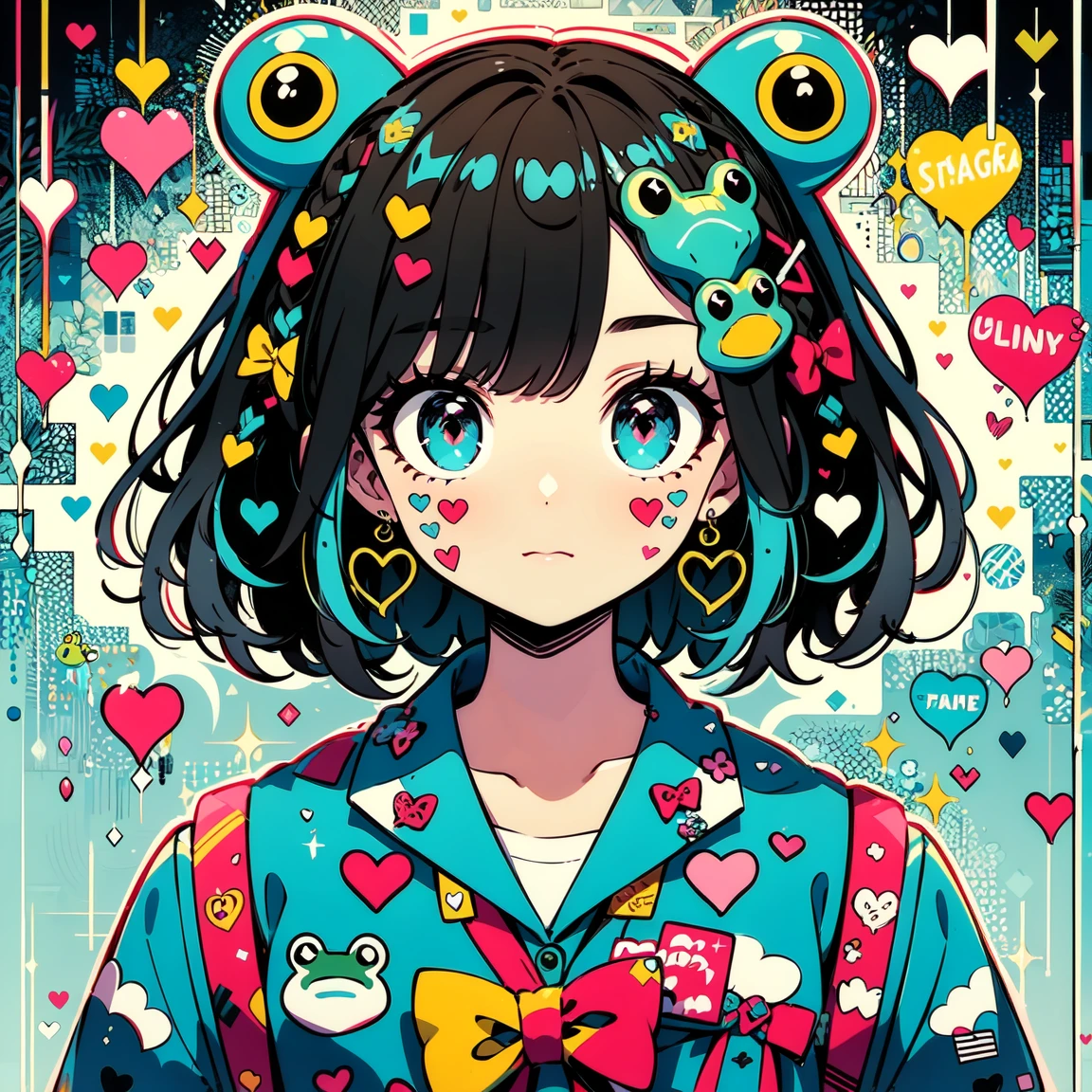 masterpiece, highest quality, Very detailed, ((Frog costume)) ,June, rainy season,Beautiful Shadows, heart, , Cinema Lighting, Studio Light, Flowers around, cute, cute, Big eyes, Flower pattern on eyes, Pupil shape , cute polka dot pattern on bows, Plaid, Black Hair，Brown and turquoise gradient hair color, Powder Red Gradient Eyes，Trendy pink and turquoise clothes，pure white cute girl,whole body, Full Shot, Retro, Valletta, Decora, Rich accessories, 