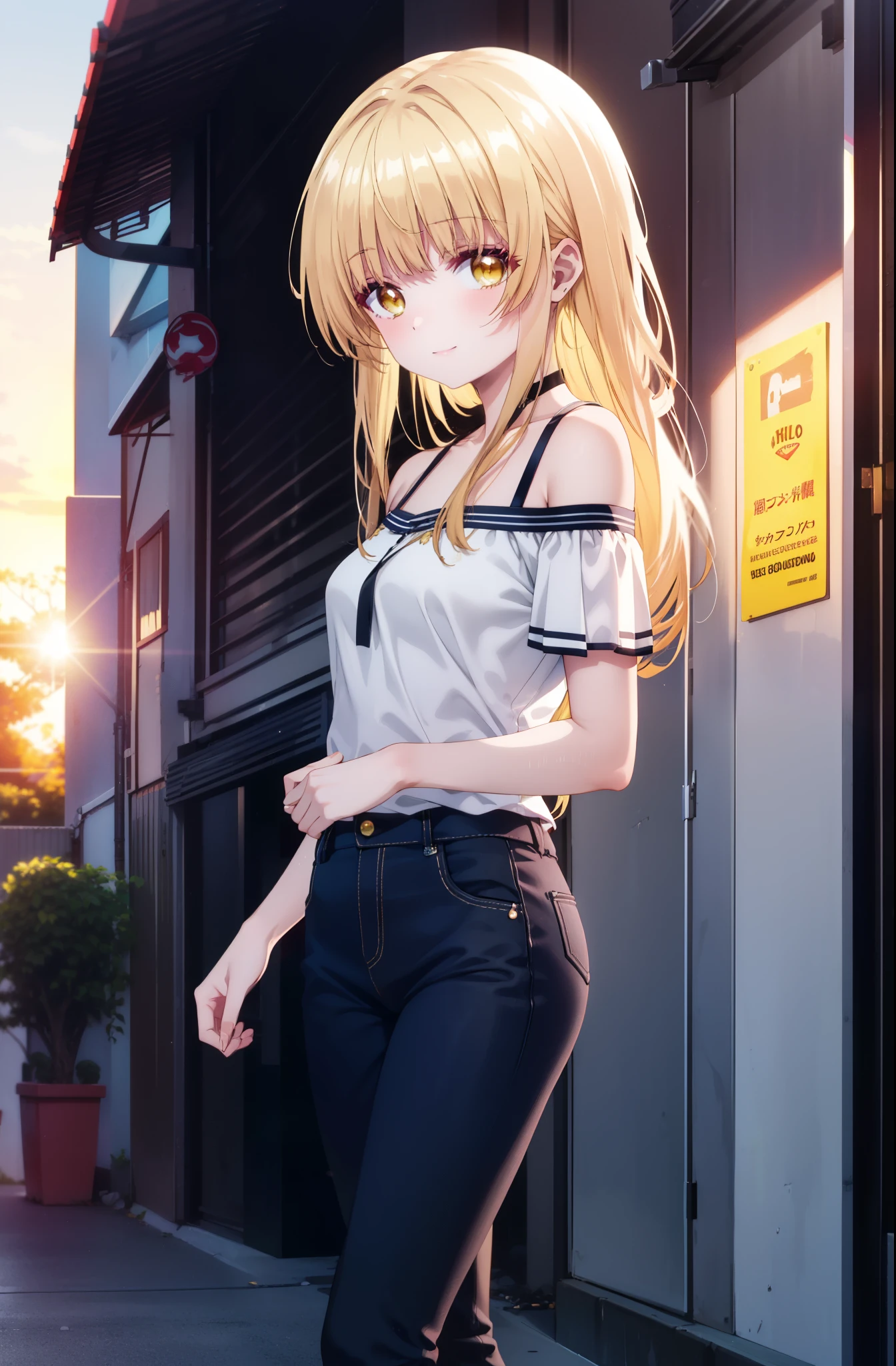mahirushiina, Mahiru shiina, Long Hair, bangs, Blonde Hair, Brown Hair, (Yellow Eyes:1.3), smile,Cold shoulder tops,Short sleeve,skinny pants,Stiletto heels,Walking,whole bodyがイラストに入るように,morning,morning陽,The sun is rising,
break outdoors, Building district,
break looking at viewer,whole body,
break (masterpiece:1.2), highest quality, High resolution, unity 8k wallpaper, (figure:0.8), (Beautiful fine details:1.6), Highly detailed face, Perfect lighting, Highly detailed CG, (Perfect hands, Perfect Anatomy),