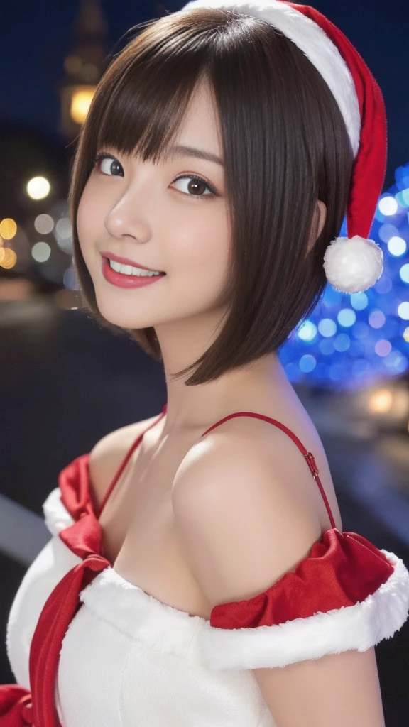 1girl, santa claus costume, symmetry, beautiful cute girl, slender figure, (ultra short hair:1.5), ultra big smile, Beautiful large round droped detailed eyes, beautiful detailed lips, extremely detailed face, natural makeup, (best quality,4k,8k,highres,masterpiece:1.2),(ultra-detailed,realistic,photorealistic,photo-realistic:1.37),professional,vivid colors,studio lighting,snowing night town,christmas eve