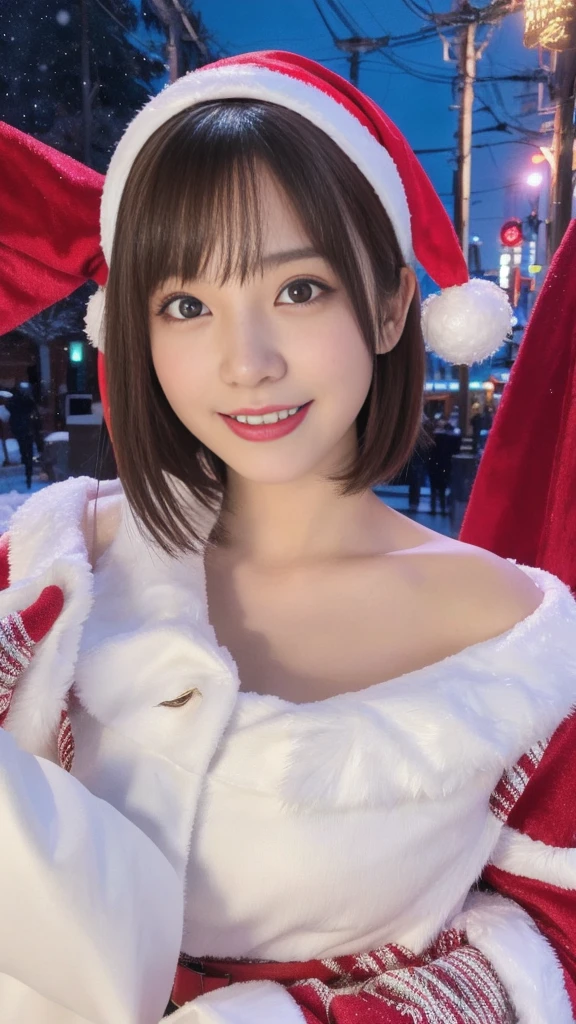 1girl, santa claus costume, symmetry, beautiful cute girl, slender figure, (ultra short hair:1.5), ultra big smile, Beautiful large round droped detailed eyes, beautiful detailed lips, extremely detailed face, natural makeup, (best quality,4k,8k,highres,masterpiece:1.2),(ultra-detailed,realistic,photorealistic,photo-realistic:1.37),professional,vivid colors,studio lighting,snowing night town,christmas eve