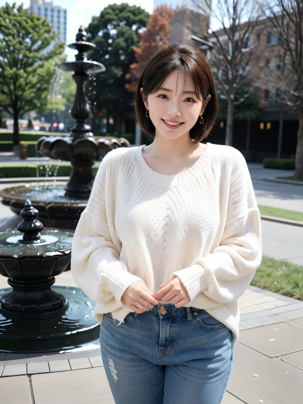 (highest quality, 8k, 32k, masterpiece, Ultra-high resolution:1.2),Beautiful Japanese Women Photos,A little chubby, Around 60 years old, Wrinkles around the eyes, Plump Mature Woman, Large Breasts, Shortcut hair, whole body,Beige sweater、Skinny jeans, , View your audience, Toothy smile、In front of the fountain in the park、