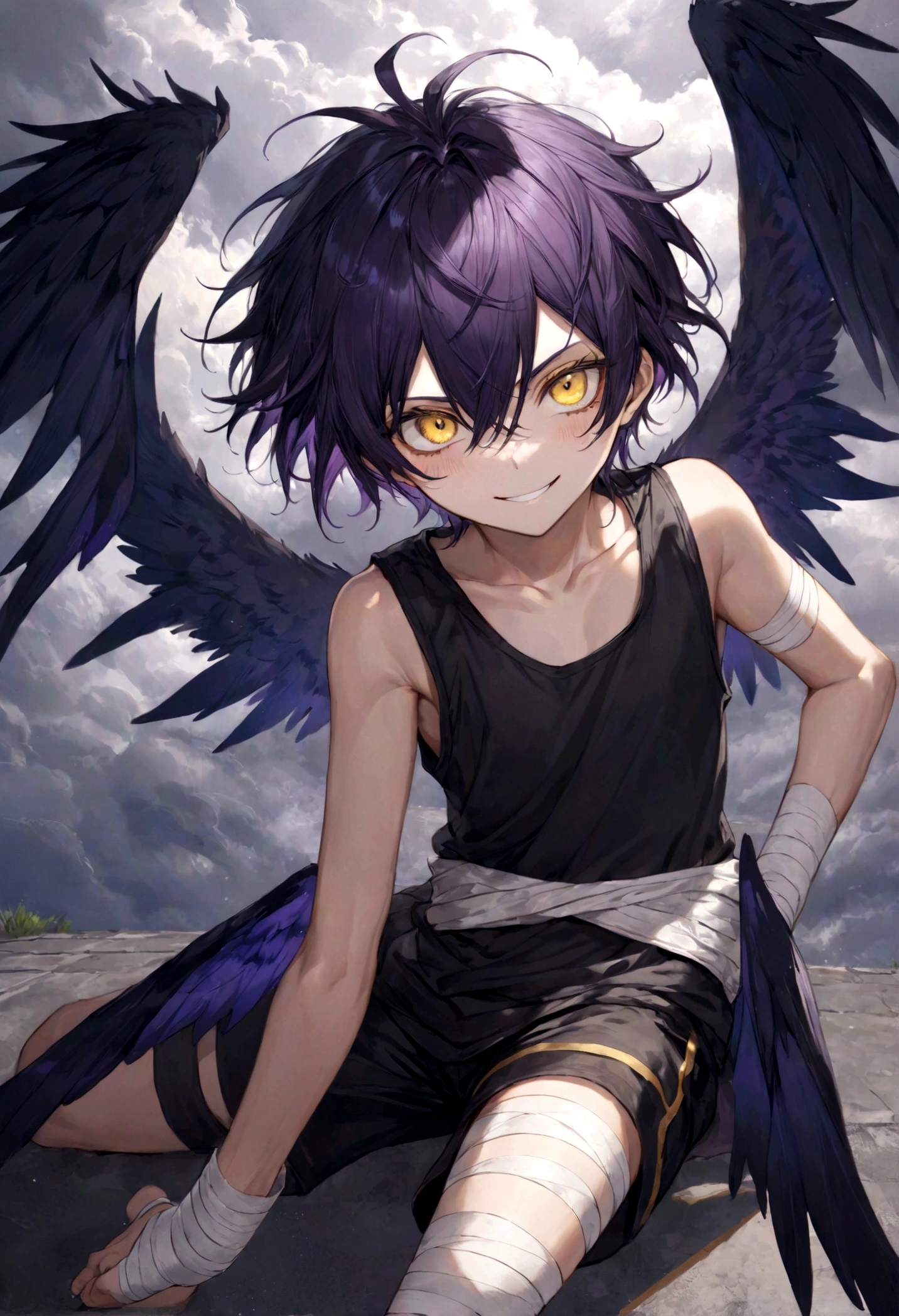 ((top-quality)), ((masterpiece)), ((ultra-detailliert)), (extremely delicate and beautiful), harpy boy, bandages on feet, mischievous smile, dark purple hair, golden eyes, constricted pupils, dark purple wings, well fitted black tank top, dark black shorts, stormy sky background