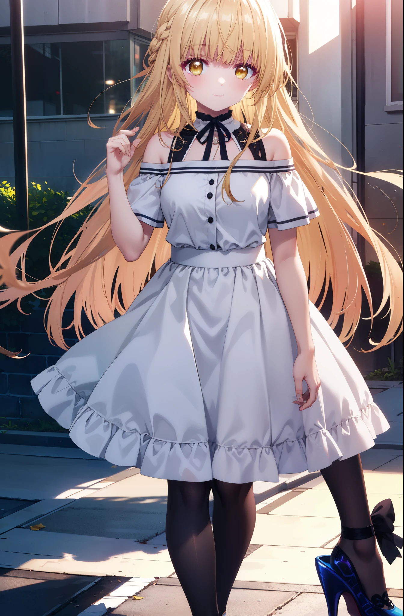 mahirushiina, Mahiru shiina, Long Hair, bangs, Blonde Hair, Brown Hair, (Yellow Eyes:1.3), smile,Cold shoulder tops,Short sleeve,Long skirt,Black pantyhose,Stiletto heels,Walking,whole bodyがイラストに入るように,morning,morning陽,The sun is rising,
break outdoors, Building district,
break looking at viewer,whole body,
break (masterpiece:1.2), highest quality, High resolution, unity 8k wallpaper, (figure:0.8), (Beautiful fine details:1.6), Highly detailed face, Perfect lighting, Highly detailed CG, (Perfect hands, Perfect Anatomy),